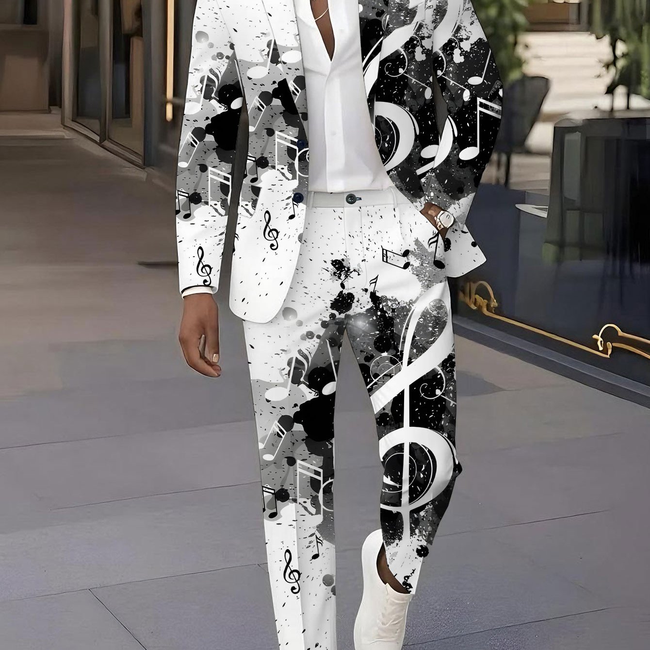 TEMU Men's Suit And Trousers Set With , Classic Suit For Banquets, Weddings, Parties, Halloween, And Christmas, Treble Clef Black And Music