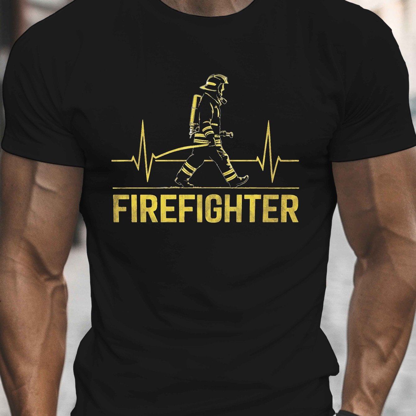 TEMU Men's Round Neck Short Sleeve Tee Featuring A Heartbeat Firefighter Print, A Comfortable And Lightweight Casual For Summer.