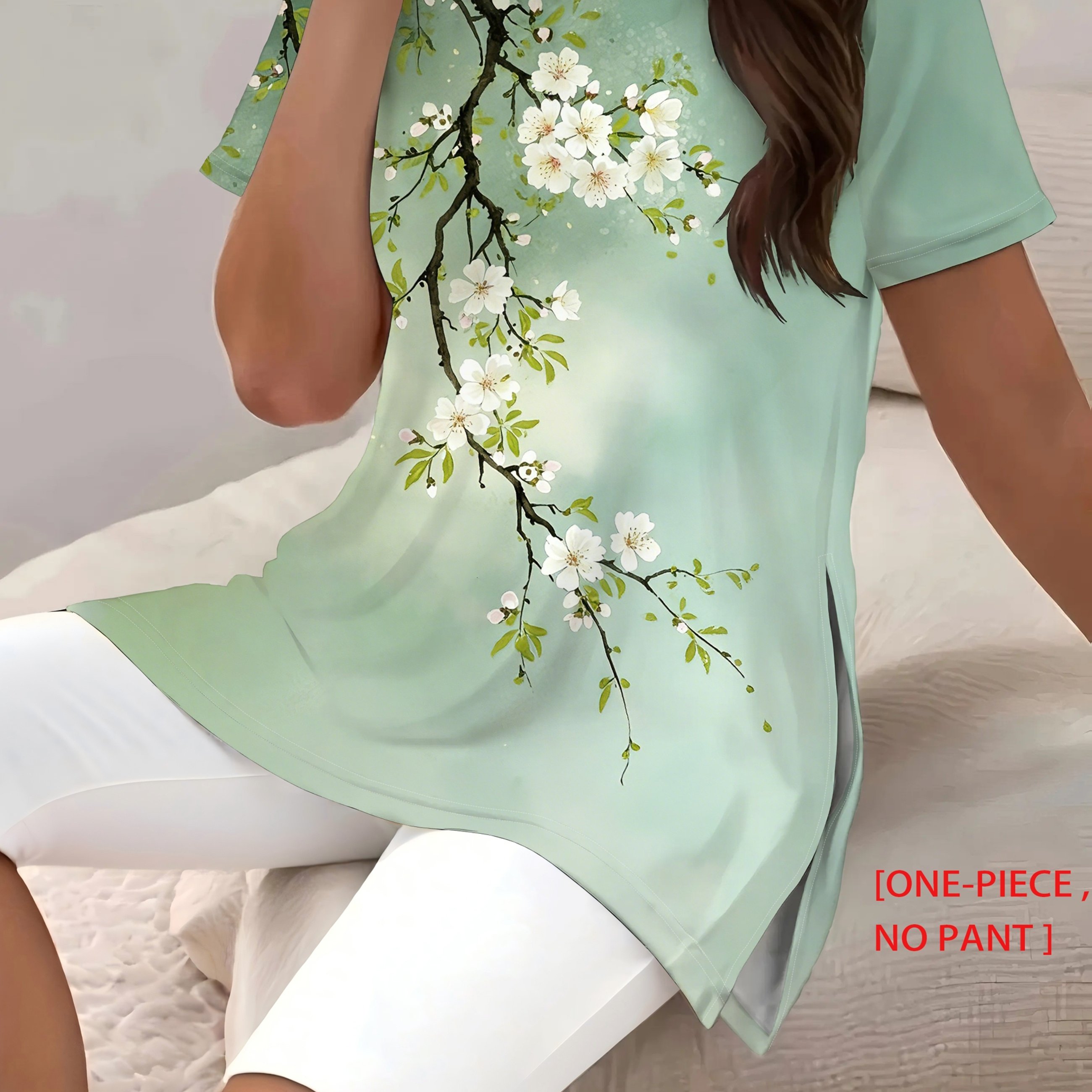 TEMU (1pc) Plus Size Women's Short Sleeve T-shirt, Side Slit Design, Mint Green Gradient Cherry Print, Casual Versatile Style, Perfect For Daily And