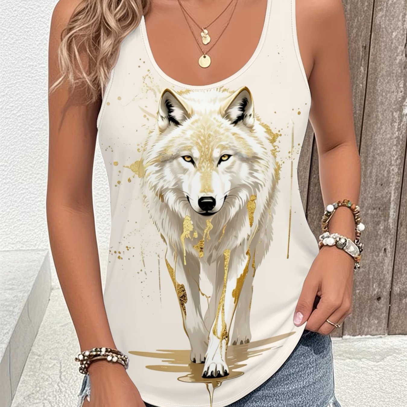 TEMU 2026 Summer Cool White Wolf Print Tank Top For Women, Slim Fit Sleeveless Top For Layering Or Wearing Alone