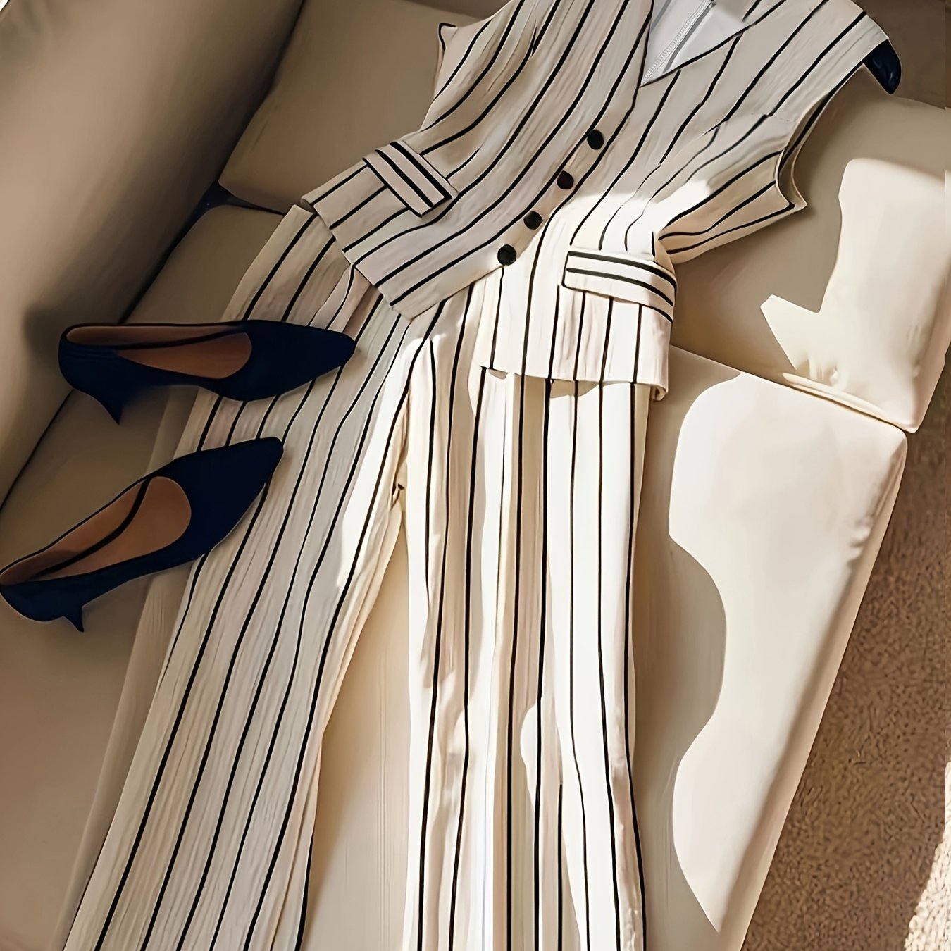 TEMU Fashionable And Elegant Sleeveless Striped Blouse With A Cinched Waist, Suit Pants That The Legs, 2pcs Set Ll425