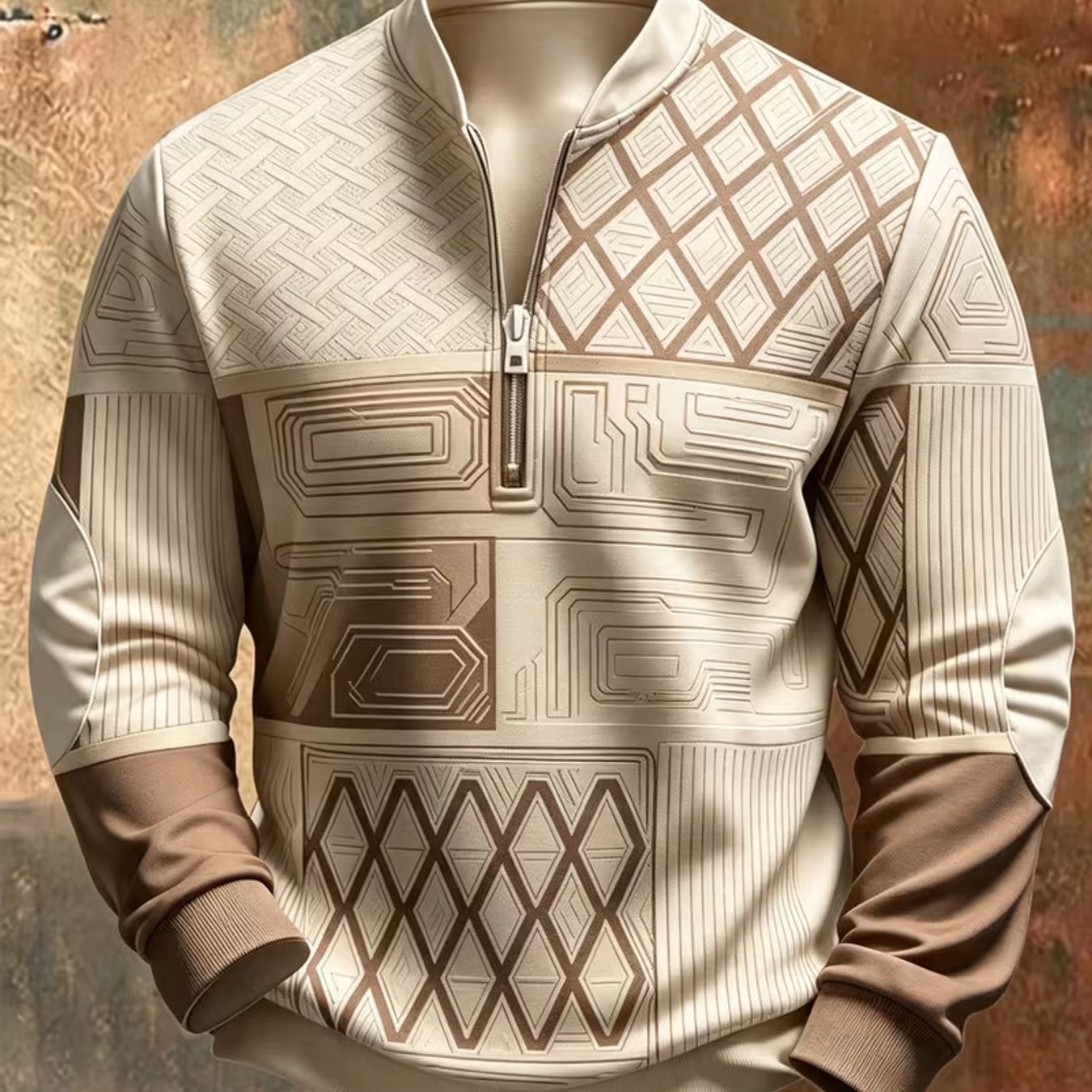 TEMU Sweatshirt pour Homme Automne Hiver à Col et Demi-Fermeture Éclair, Motif Treillis Diamant Simple, Style Décontracté, Mode Polyvalente avec un