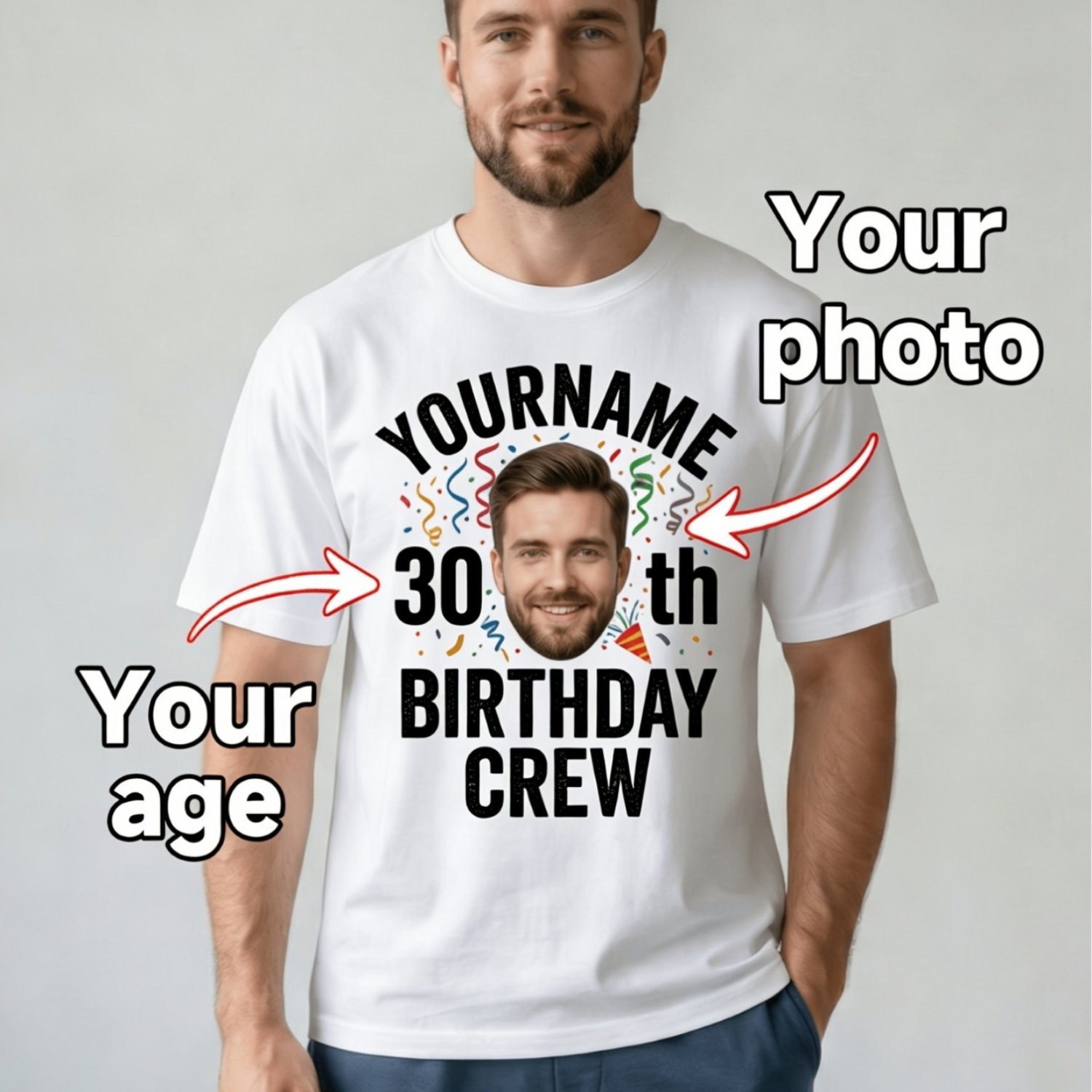 TEMU Personalized Custom T-shirt, Custom Name Age Photo Birthday Short Sleeve T-shirt, Men's Soft Casual Top, Birthday Party Gift