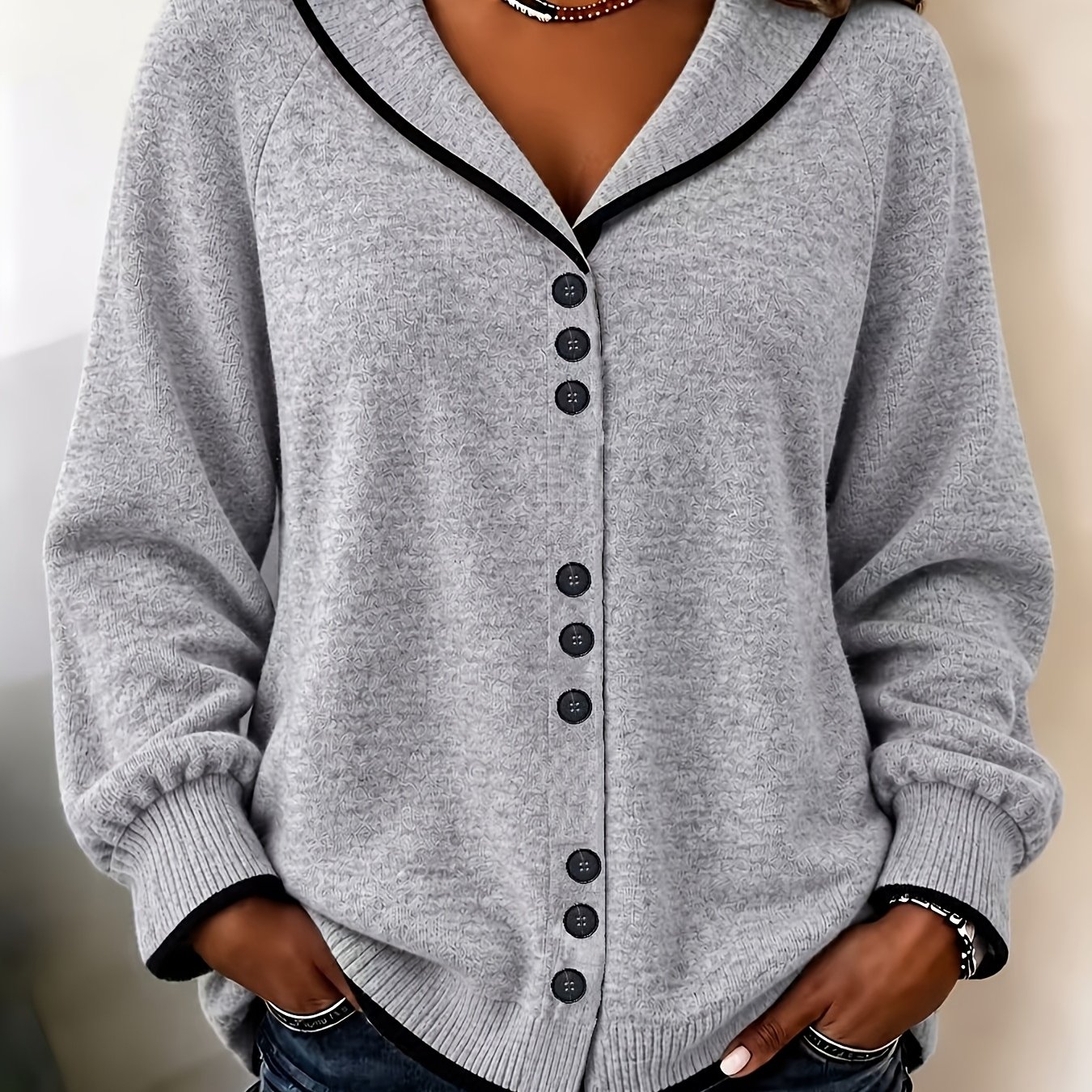 TEMU Grande Taille - Cardigan avec Col Boutonné, , Boutonné, Manches Longues, Veste Pull