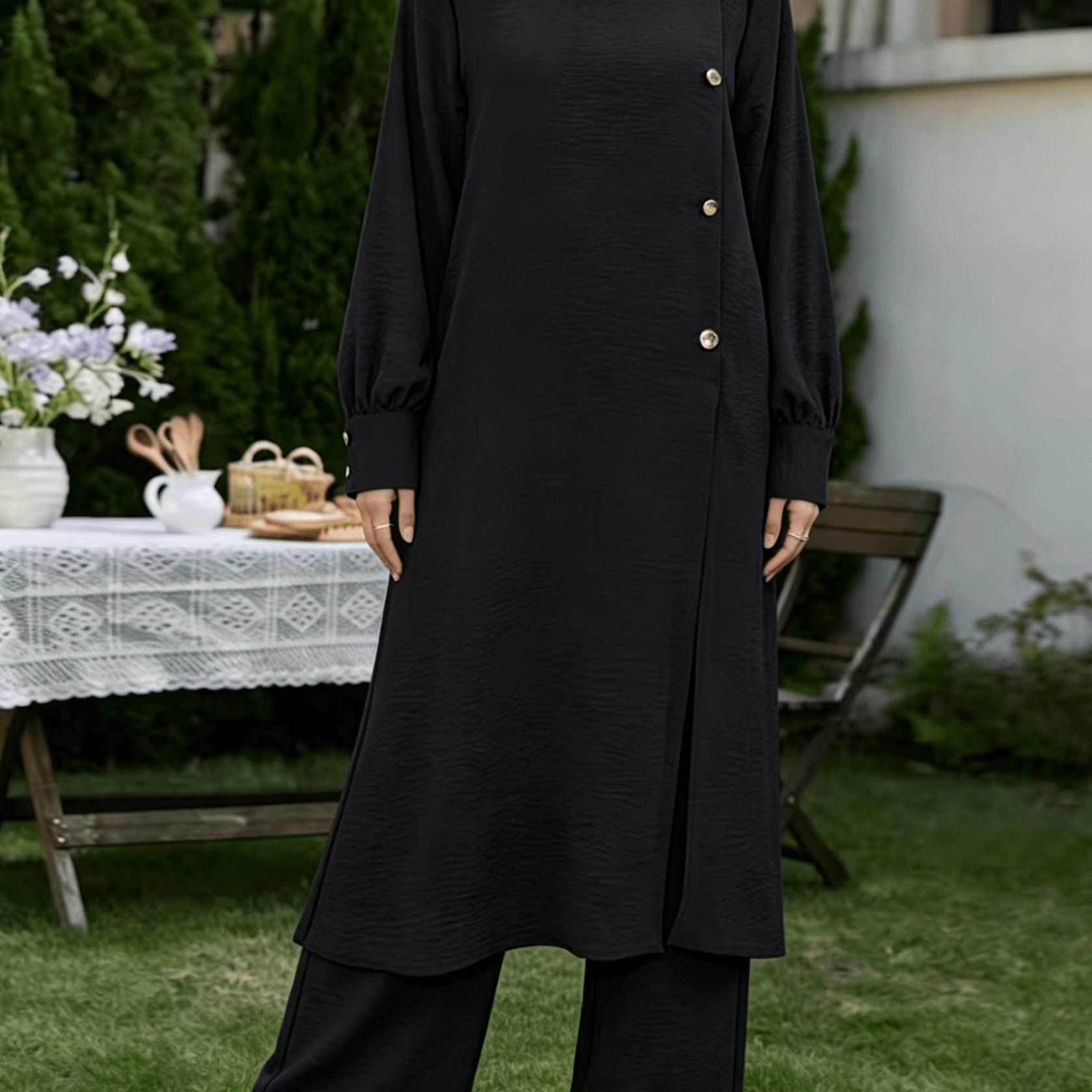 TEMU Women 2pcs Outfit, Crinkle Texture Long Sleeve Button Decor Long Tunic And Wide Leg Pants Set, Modest Abaya Co-ord Set For Daily Ramadan Eid