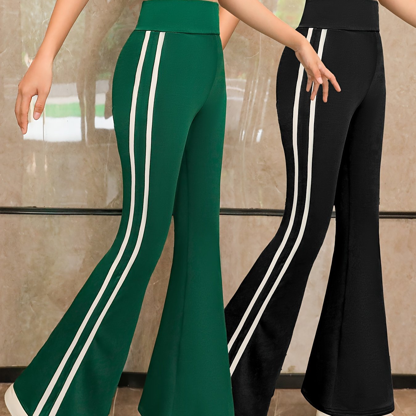 Image of 2-pack Girls' Simple And Comfortable Spring/autumn Pants, Elastic Waist Double Stripe Flared Trousers For Big Kids - Soft, Versatile Casual Wear With Style, Perfect For Outdoor
