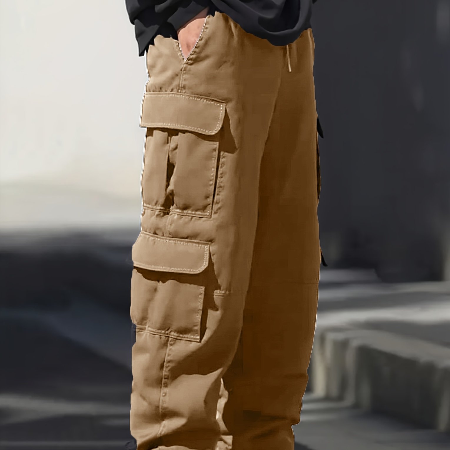 loose mens wide leg cargo pants flap pockets drawstring - Temu Oman