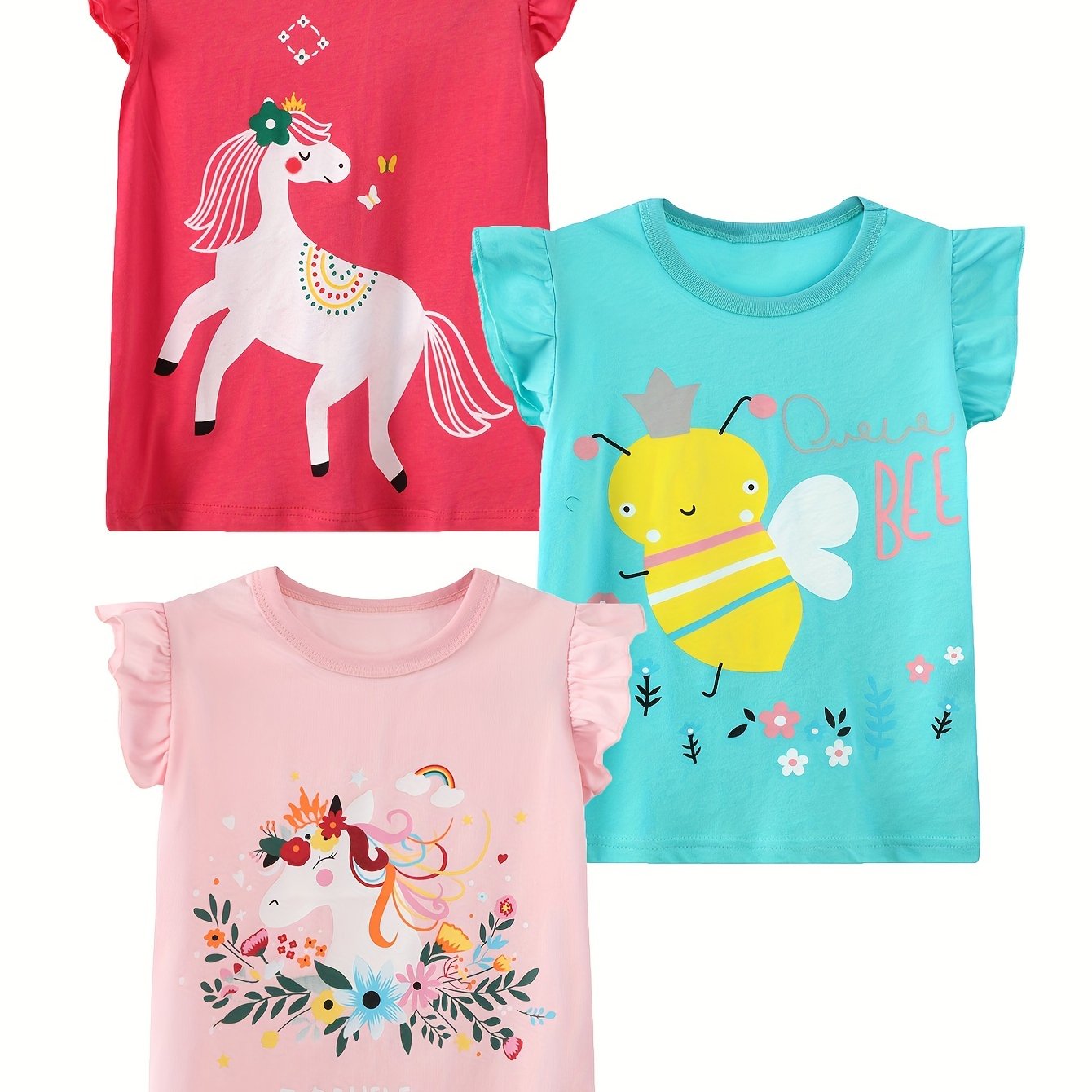Image of Girls Short Sleeve T-shirt Pure Breathable Comfortable Casual Round Neck Sleeve Flying Sleeve Cartoon Unicorn Random Printed T-shirt Summer Top 3-pc