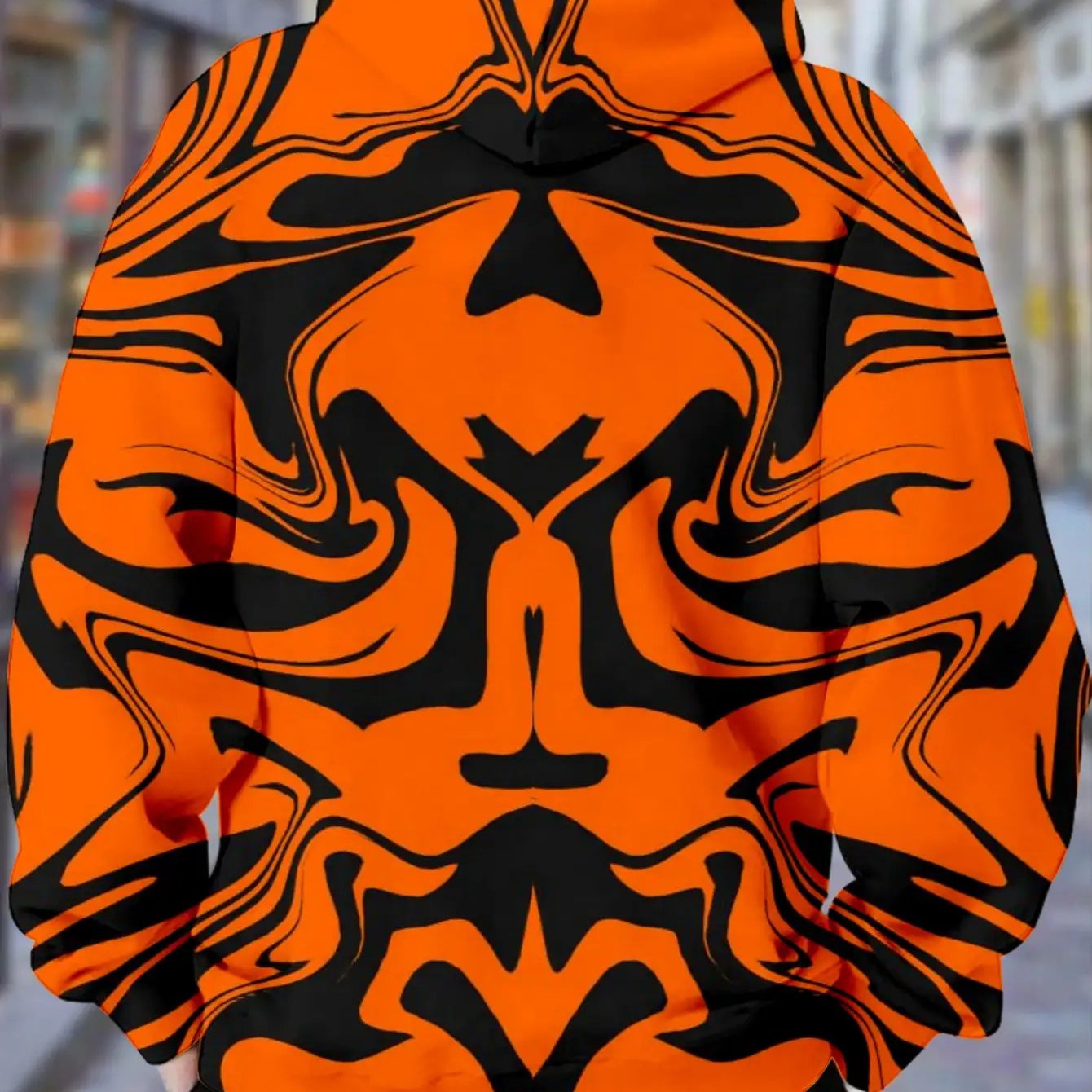 TEMU [printed Design - Non-textured] Men's Hooded Sweatshirt - Neon Orange With Abstract , Long Sleeve Casual Streetwear Pullover With Drawstring