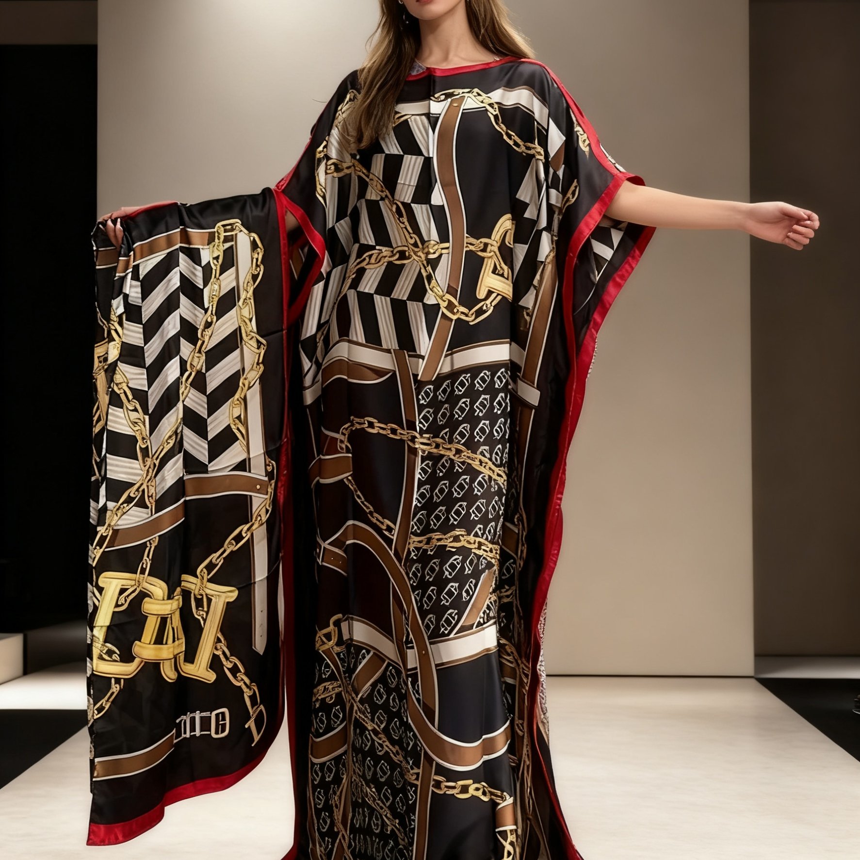 TEMU Women's Plus-size Elegant Chain-print Geometric Dress Gown With Bat-sleeves & Scarf - Long Opaque Pencil Skirt, Adjustable Waist Tie, Loose