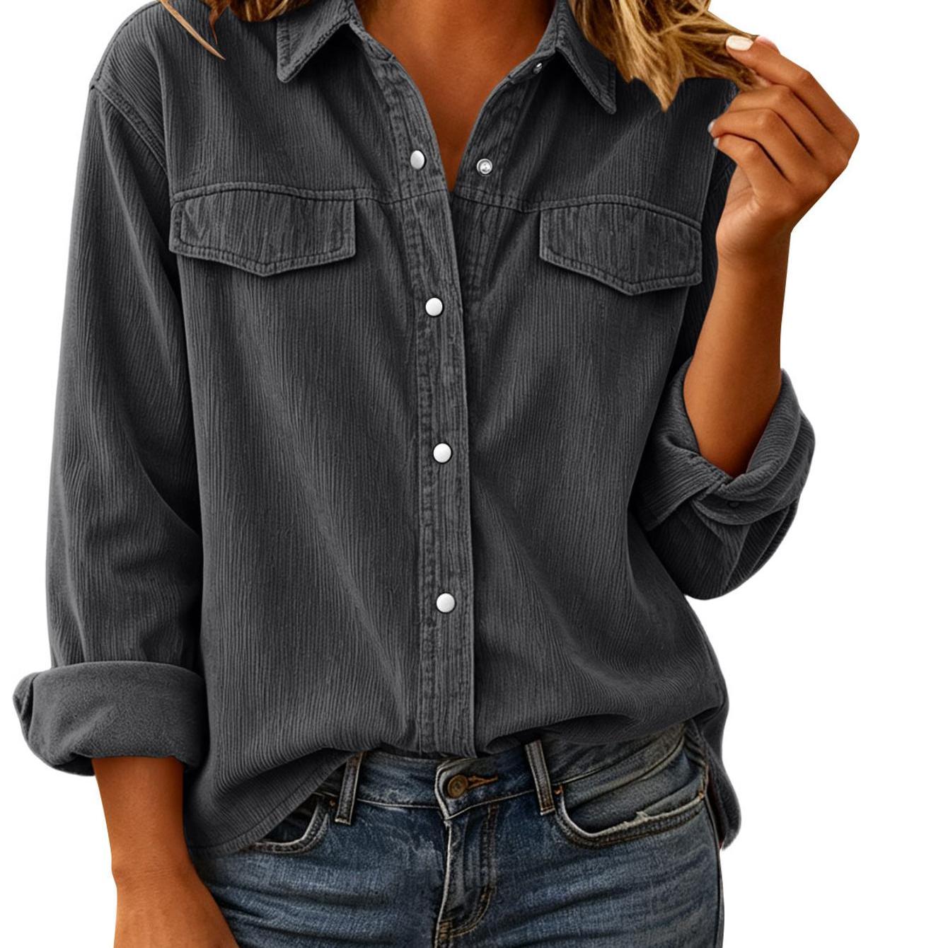Image of Women's Fall Winter Corduroy Coat, Solid Color Elastic Waist Button-up Pants With Pockets For Lounging Wear