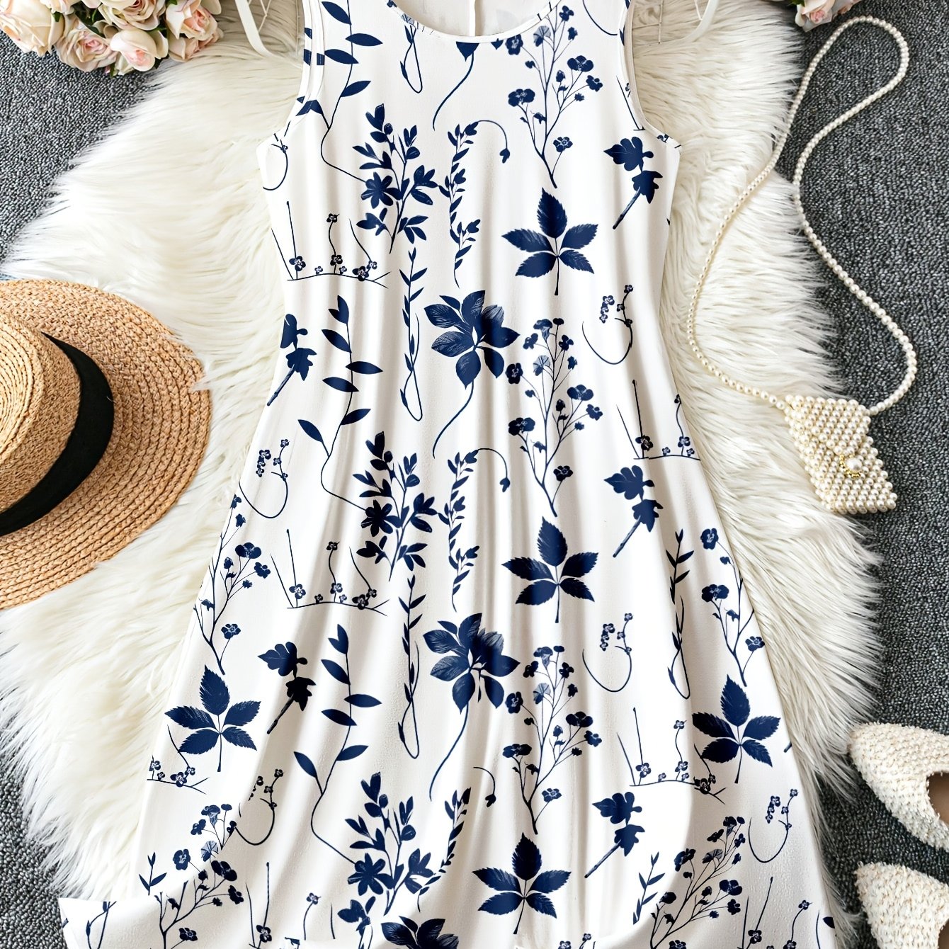 TEMU Plus Size, Plus-size Floral Print Camisole Dress With A Effect