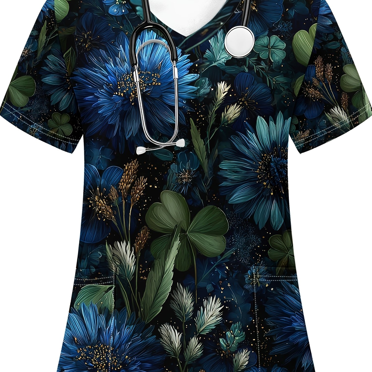 TEMU Plus Size, Women's Matte Top | V-neck Pocket T-shirt Nurse Uniform, Vintage Botanical Illustration, Blue Flowers And Clover, Short Sleeve,