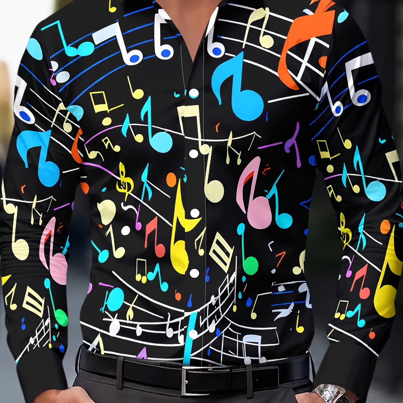 TEMU Men's Fashion Long-sleeve Shirt With Colorful Musical Notes Dancing On A Black Staff Print, Versatile Commuter And Casual Top, Polyester Fabric,