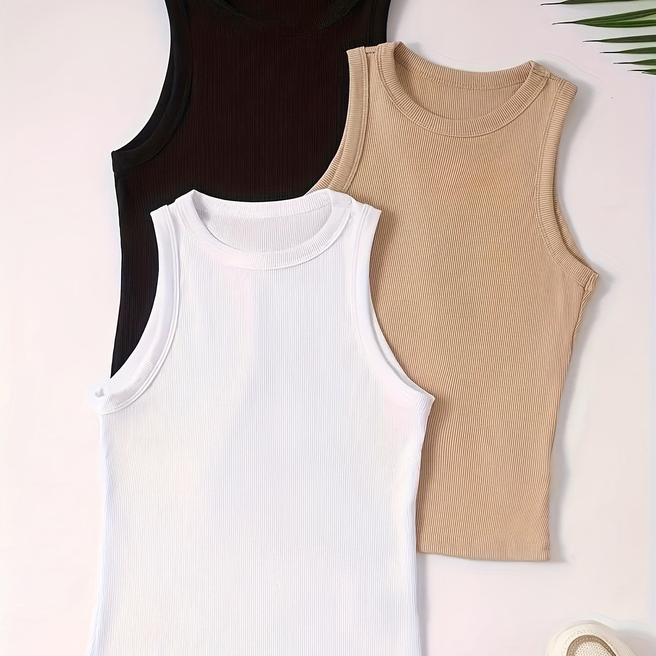 E-shop 3er-Pack Neue Damenmode Sommer Einfarbig Rundhals Ärmellose Basisleggings Weste, Geripptes Sportoberteil