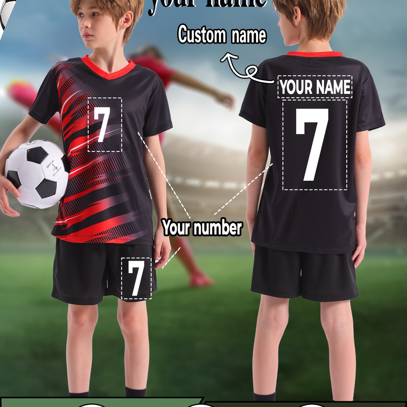 Image of Personalized Custom Name And Number Football Kit, Jersey And Shorts Combo, Lightweight And Breathable For Sports And Casual Wear, For Outdoor