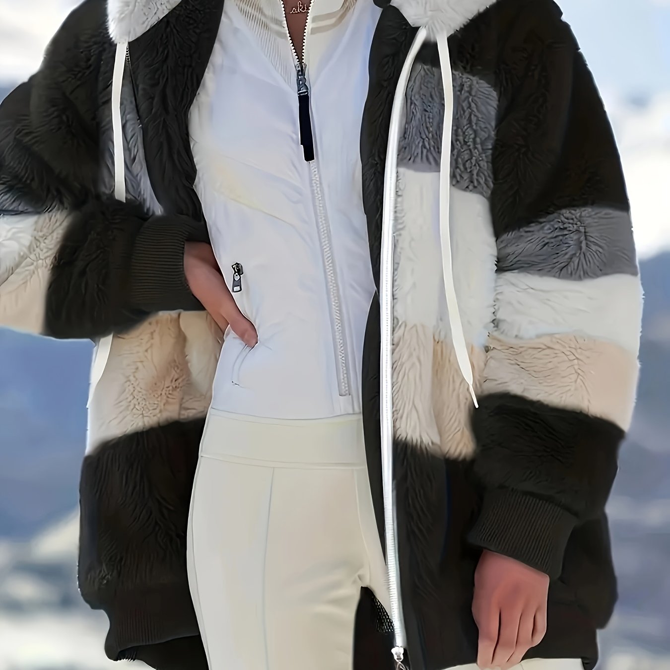 Image of Autumn Winter New Arrival Women's Color-block Plush Hooded Coat, Oversized Lazy Style Fuzzy Casual Jacket, Versatile Streetwear Outing Warm Outerwear