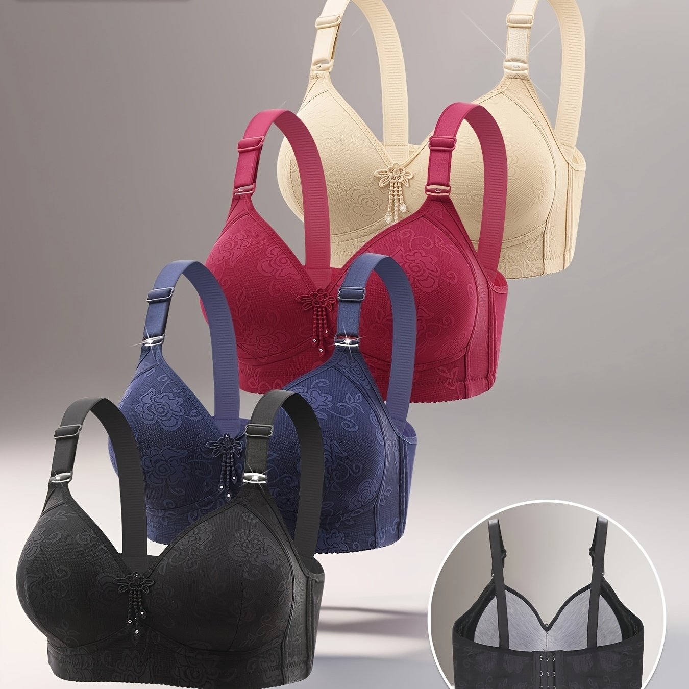 TEMU Set Of 4 Women's Wire-free Bras With Back Closures, Featuring Adjustable Wide Straps And Solid Color In 4 Shades. Soft, Comfortable, Breathable Floral Embroidery Suitable For Wear.