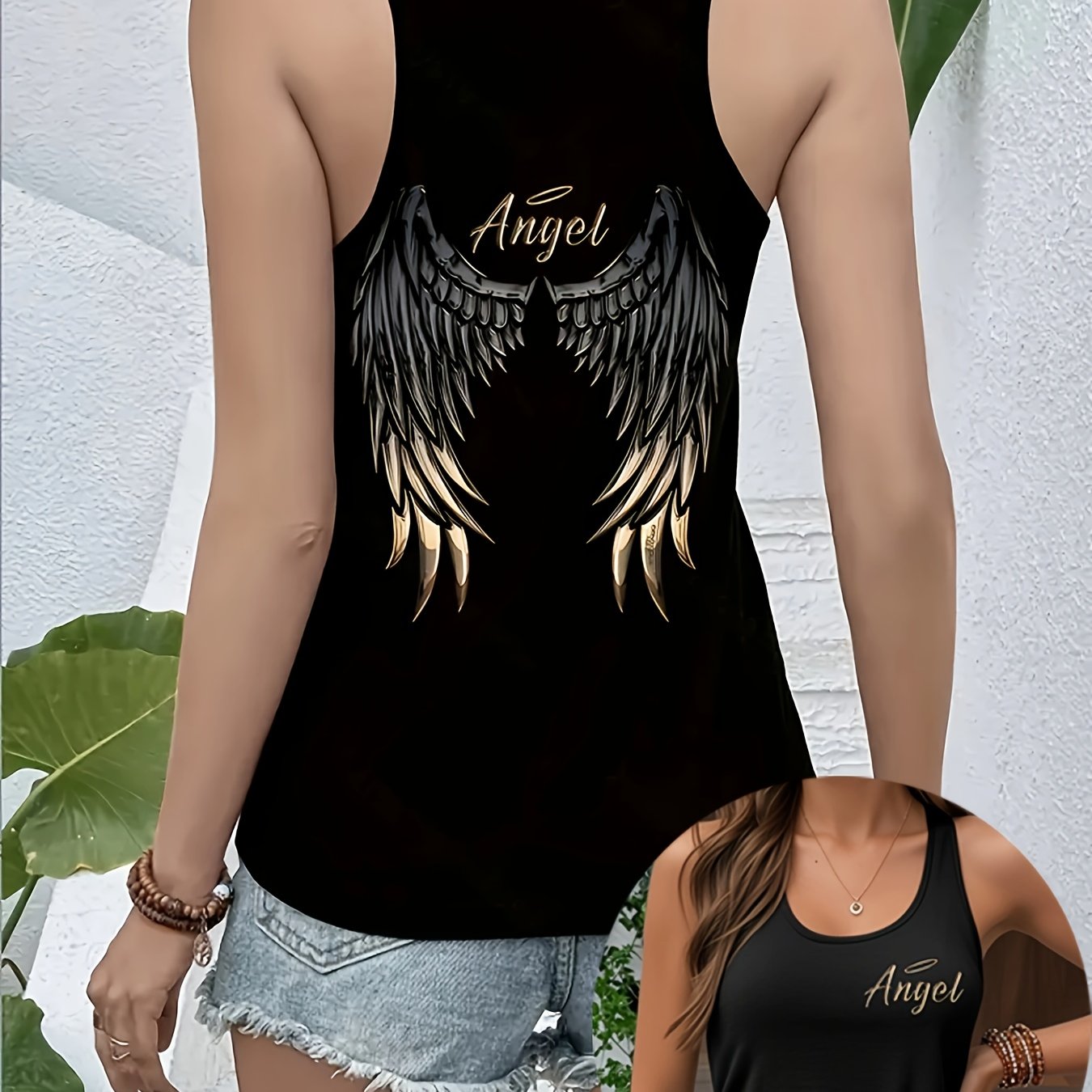 Women's Fashion, Casual, Vacation Vest, Letter And Wings Print Women's Off-shoulder Top