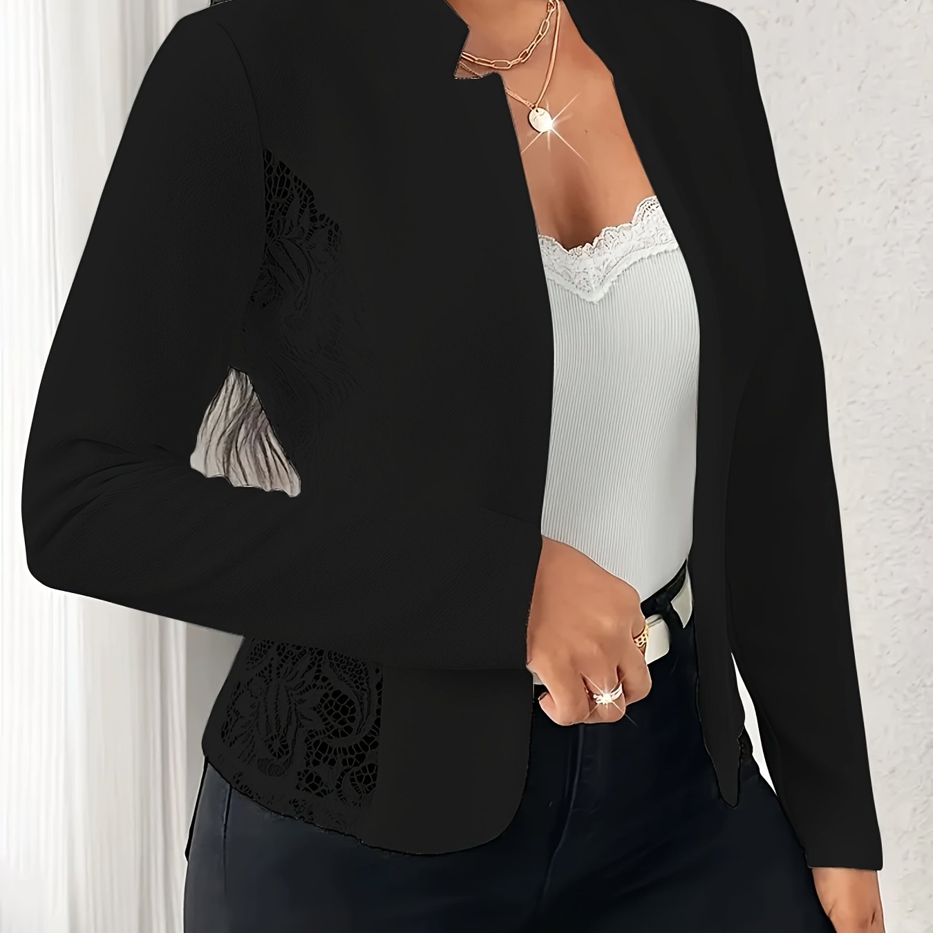 TEMU Cardigan léger pour femme à manches longues, couleur unie, , avec empiècement en dentelle sur le côté, pour /