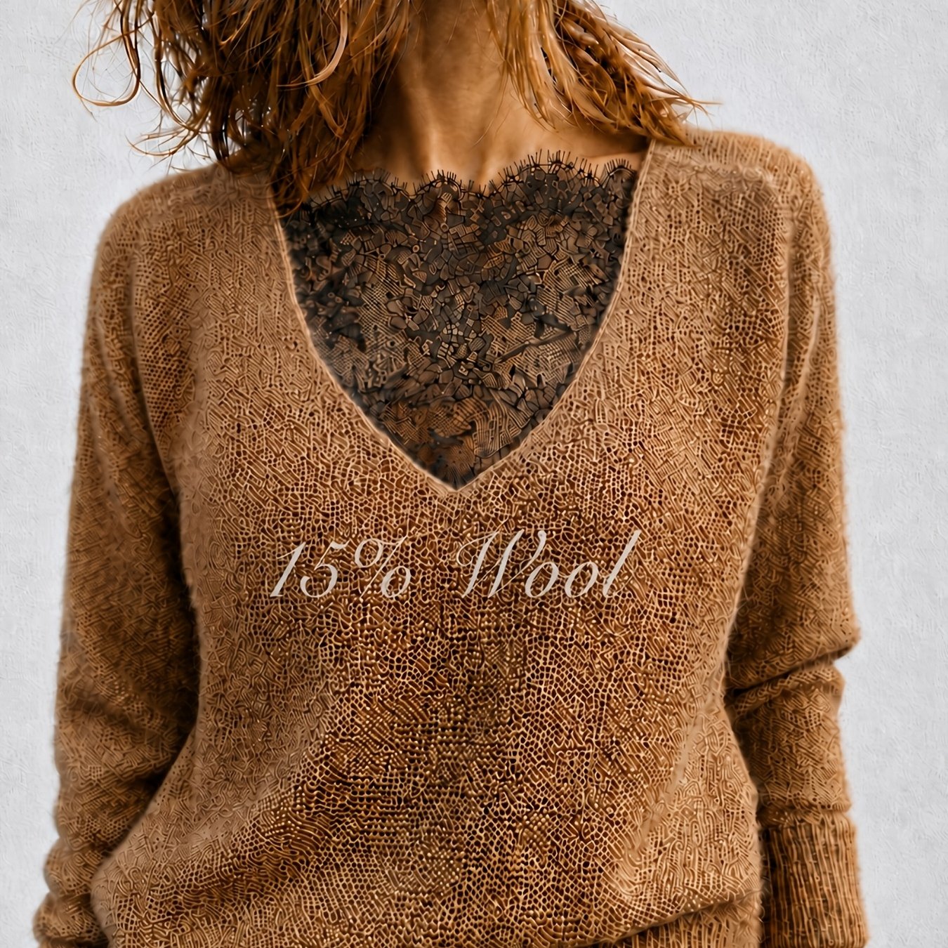 TEMU Pull Noir Femme Col V Panneaux Dentelle : Coupe , Manches Longues, Pull Confortable - Haut d'Été Élégant pour
