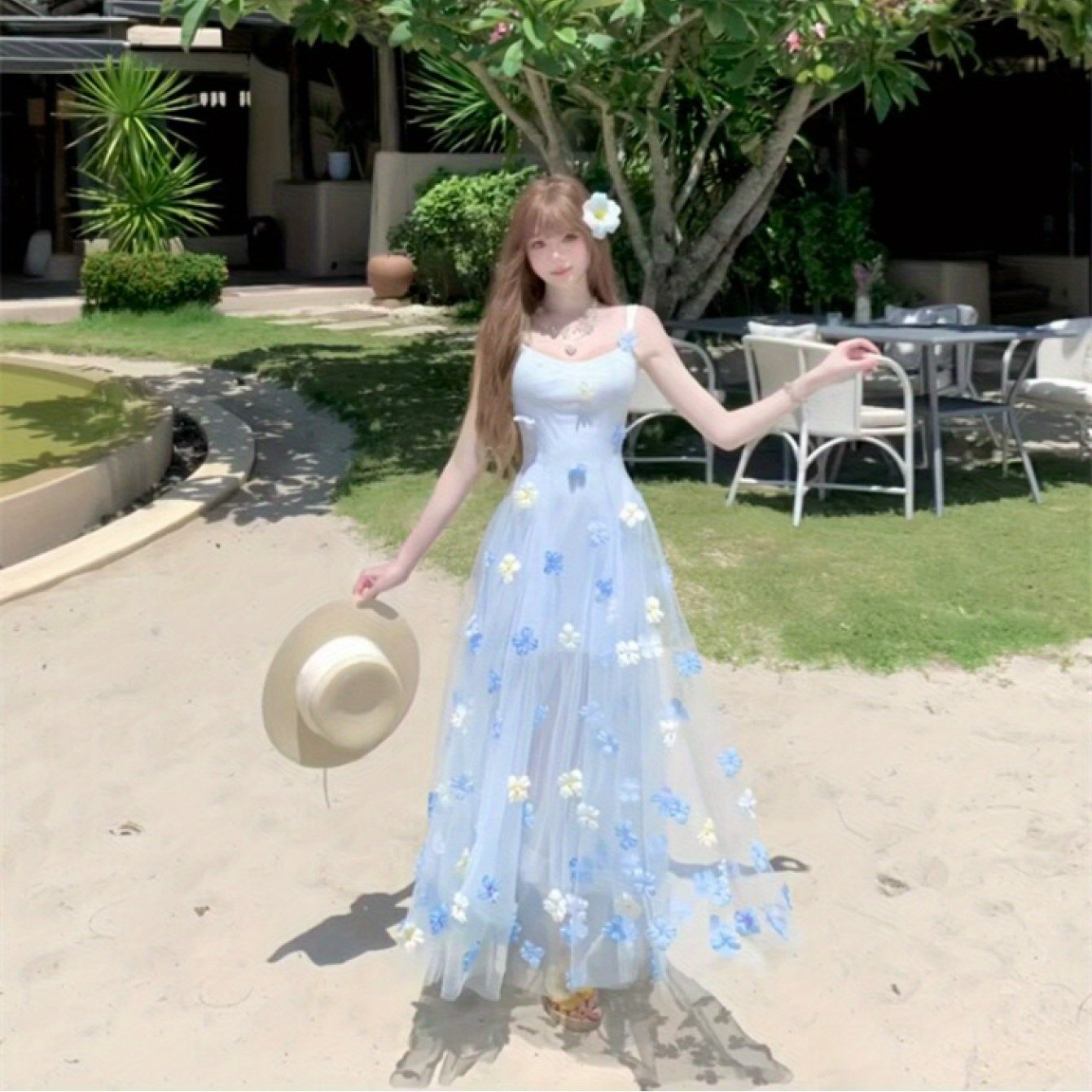 TEMU フレンチスタイル 甘辛い サスペンダードレス レディース 夏ビーチバケーション 優雅なロングドレス