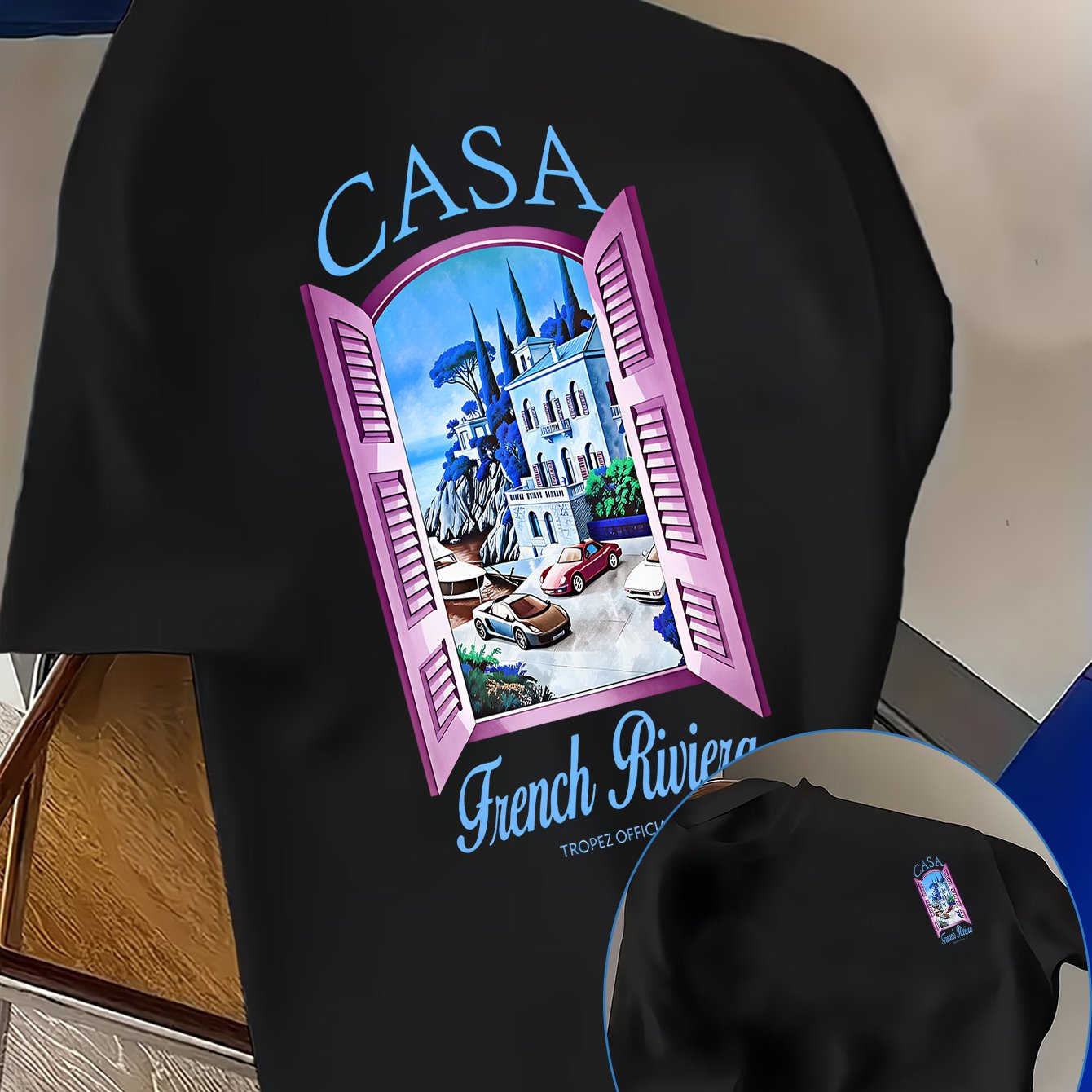 TEMU Casa Men's French T-shirt - Saint-tropez Vintage Seaside Print With French Villa & , Casual Short Sleeve Round Neck Suitable For Daily Wear,