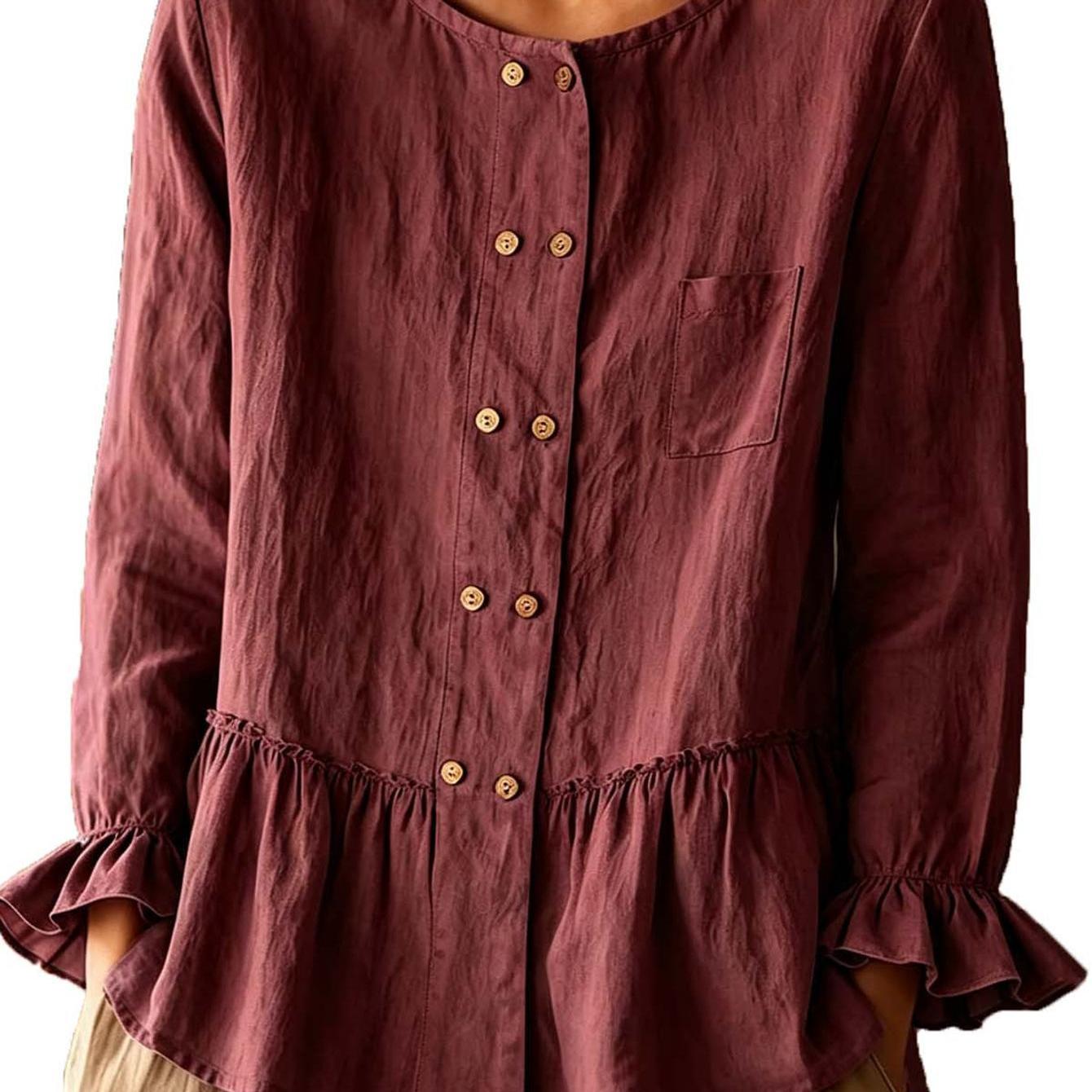 Image of Women Solid Crew Neck Long Sleeve Button Blouse, Ruffle Cuff Hem Side Patch Pocket Loose Relaxed Breathable Casual Top For Spring Autumn Vacation Park Leisure