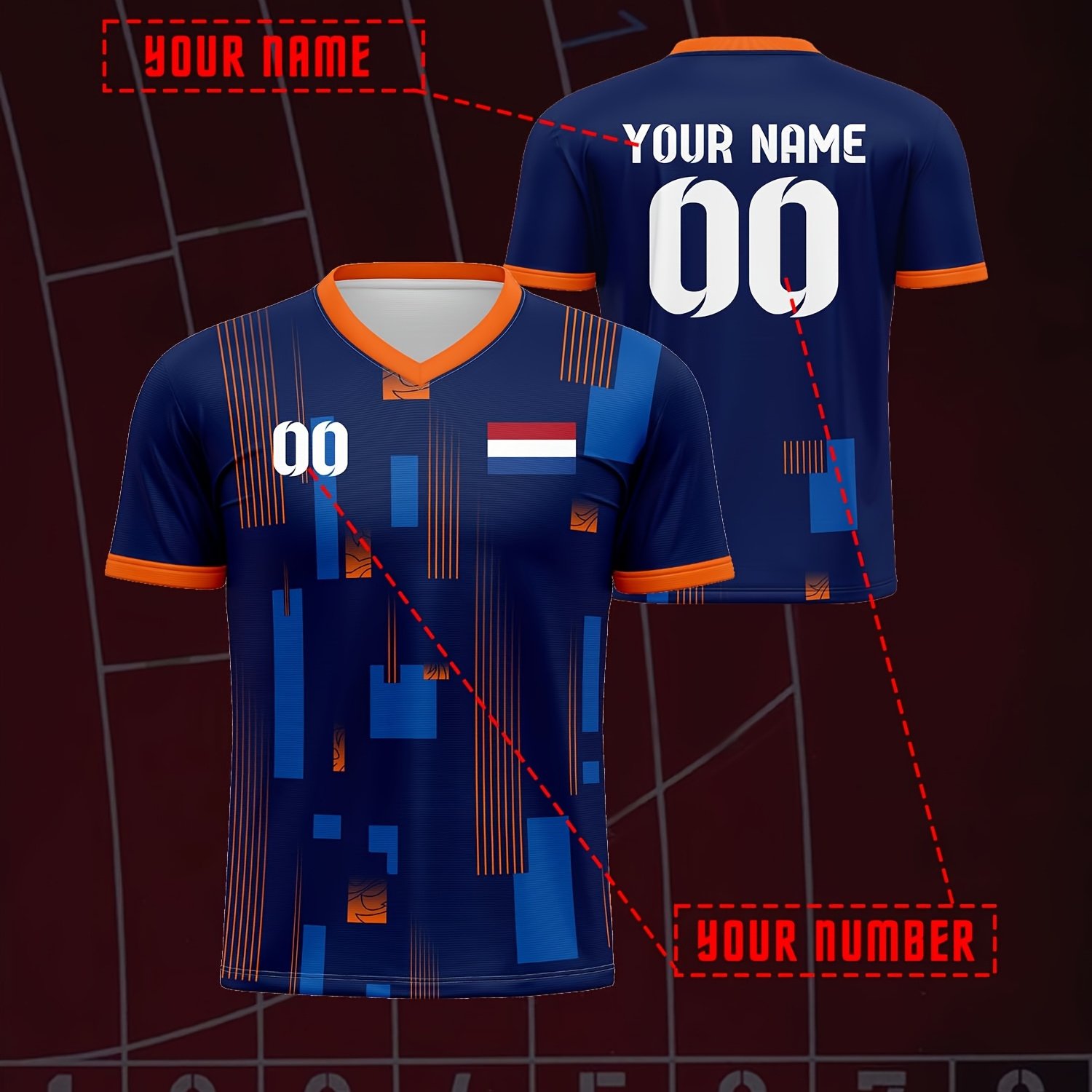TEMU Men's Custom Name & Number Football Jersey - V-neck Dutch Style Soccer Shirt With Numbered Top, Machine Washable Suitable For Training, Running,