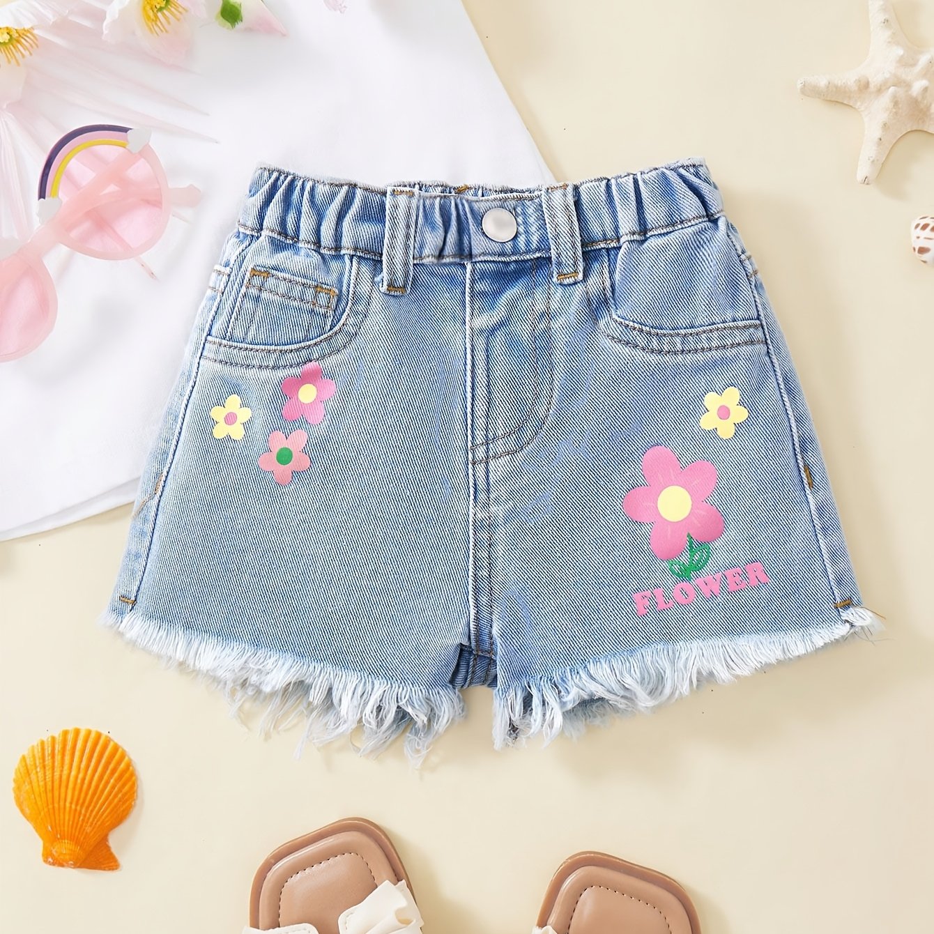 Fashionable Faux Denim Shorts With Pink # Casual And Trendy, Lower Patch Faux Denim Shorts For Girls | Perfect For Spring And Summer, Light Wash Faux Denim & Frayed Hem Shorts