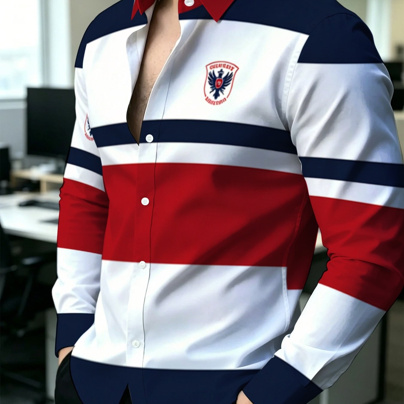 TEMU Men's Business Casual Color Block Striped Long Sleeve Shirt, Spring Autumn Lapel Cardigan Top, Fashion Eagle Badge Print Design, Comfortable