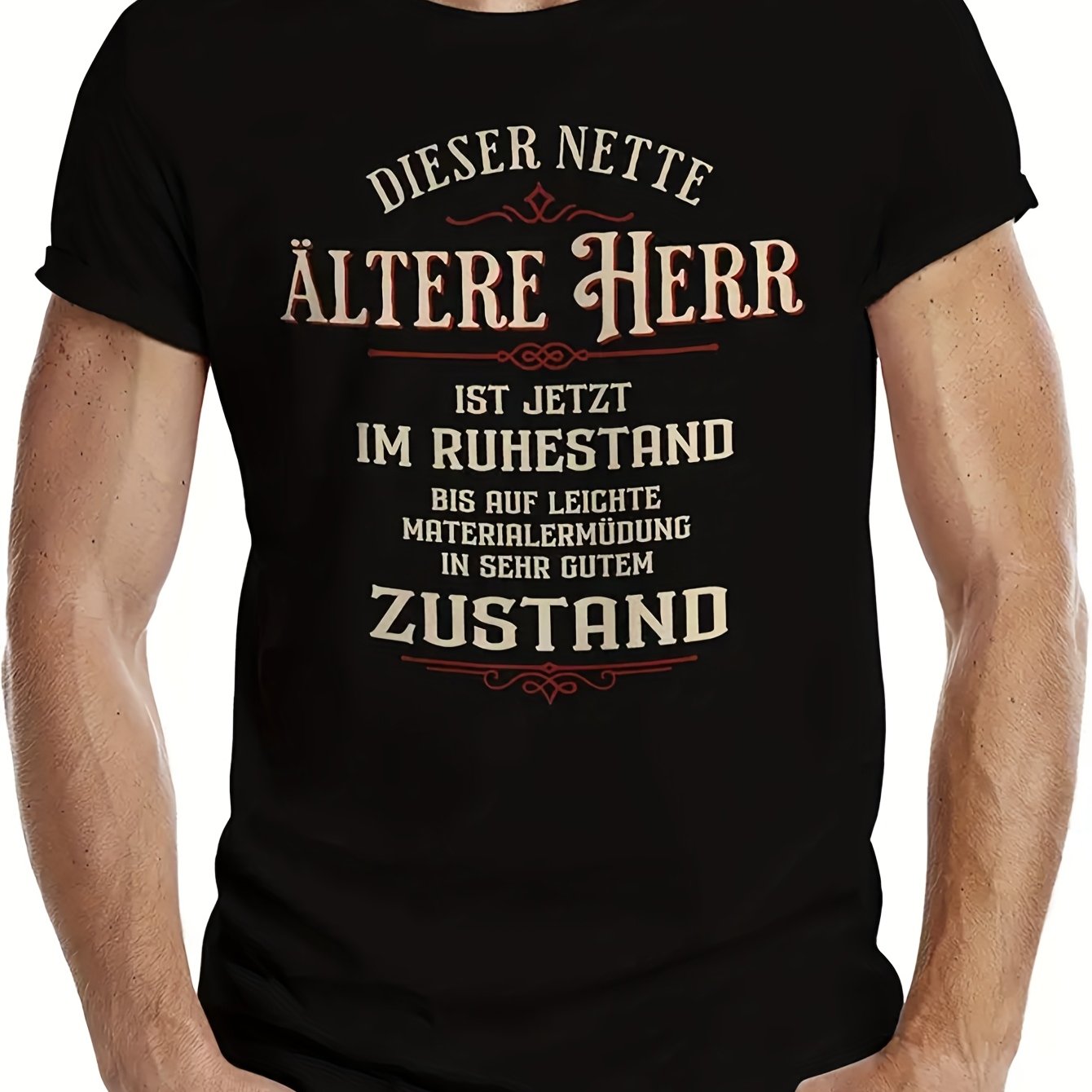 Image of Plus Size Humorous Men's Retirement T-shirt- This Elderly For Man Retired With German Humor, Black With White And , Short-sleeved Round Neck For , Durable Heat Transfer Print., Plus Size