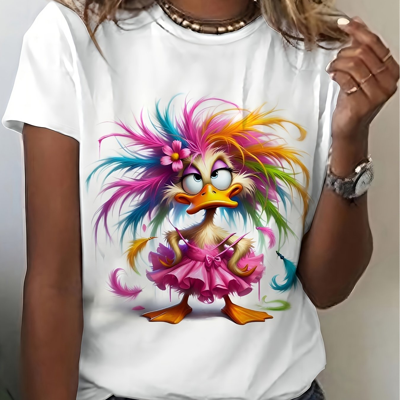 Plus Size, Plus Size For Curvy Wo Ballet Dance Dress Printed Short Sleeve T Shirt Colorful Duck Pattern Round Neck Casual Washable Comfortable Suitable For And Daily Wear Relaxed Fit Short Sleeve Top