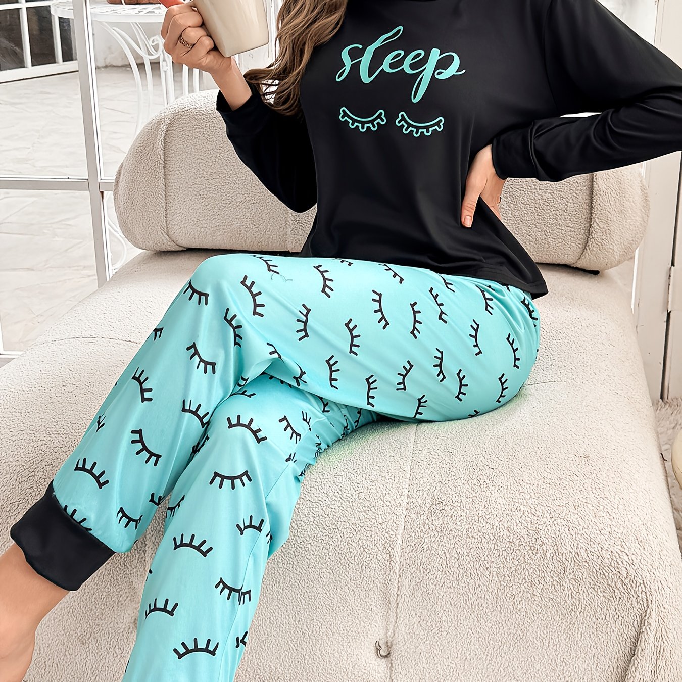 E-shop Herbst Winter Damen Pyjama Cartoon Niedliche Buchstaben Wimpernband SLEEP Print Langarm Patchwork Patchwork Hosenbeine Lässiges Set