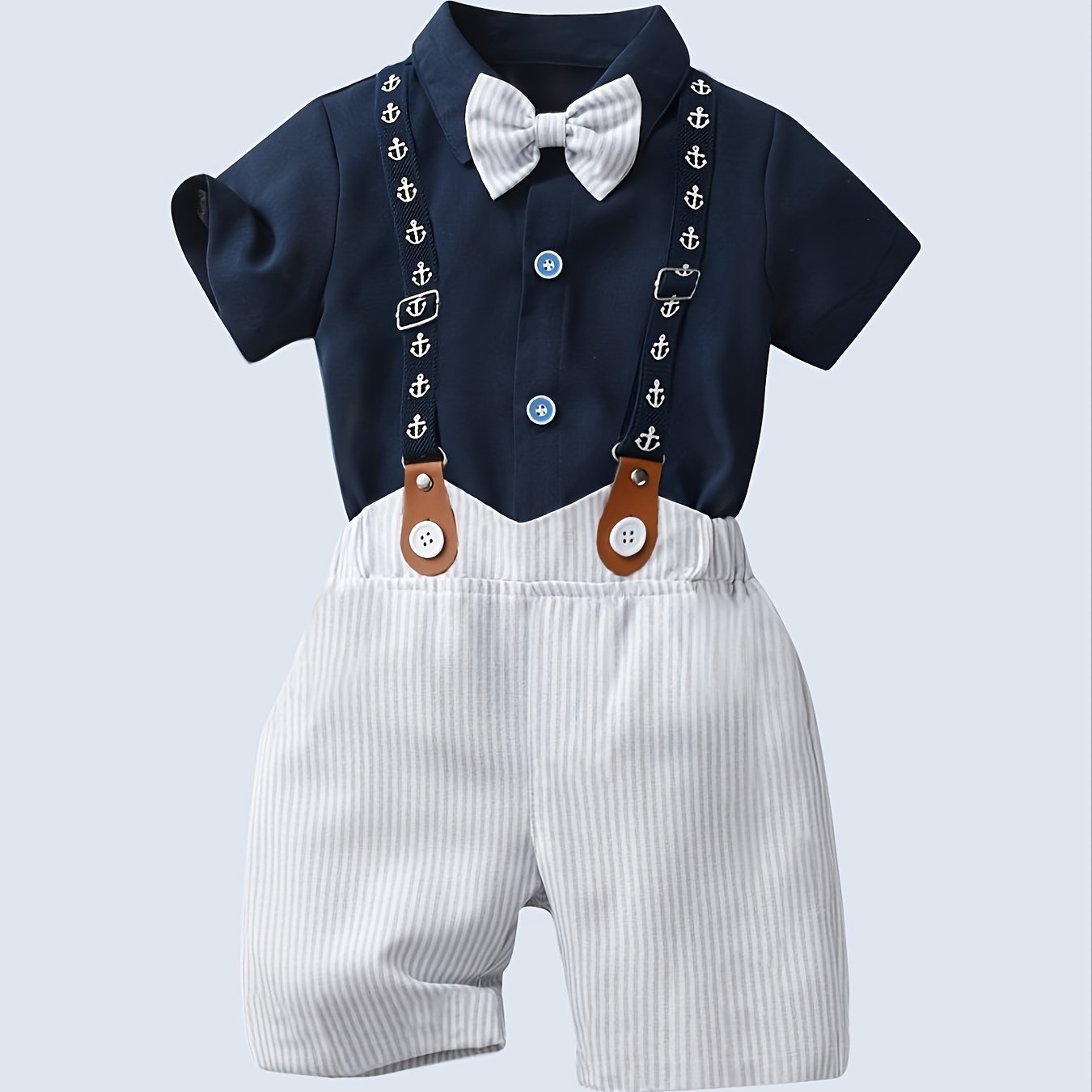 Image of Boarnseorl Boys' Gentleman Suit 2pcs Set Navy Shirt White Striped Overalls With Bow Tie Suitable For Holiday Wedding Party Performance Evening