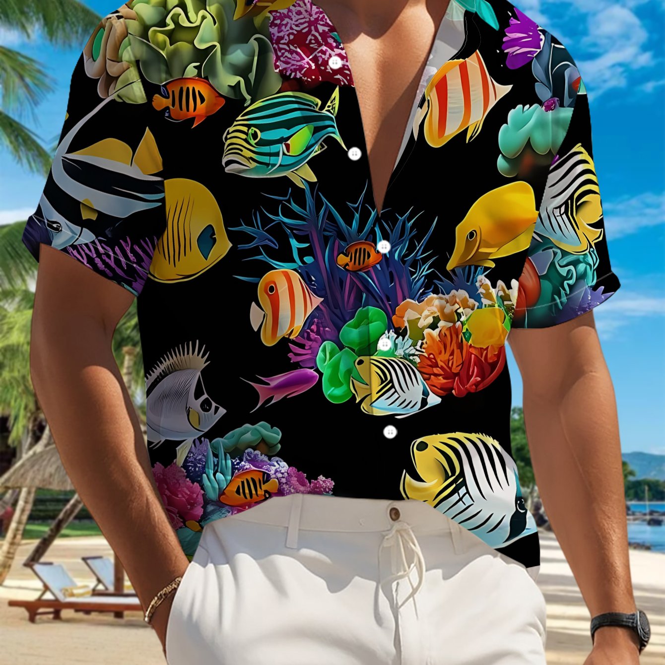 TEMU Nueva camisa casual de manga corta para hombre con peces coloridos nadando entre coral , para reuniones festivas y viajes diarios. Fabricada con
