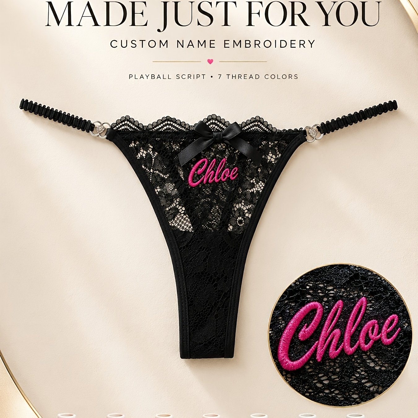 TEMU 1pc Women's Custom Name/text Embroidered Thong Panties - Embroidery, Low-rise Bikini Underwear With Bow & Scalloped Elastic Strap, Semi-sheer