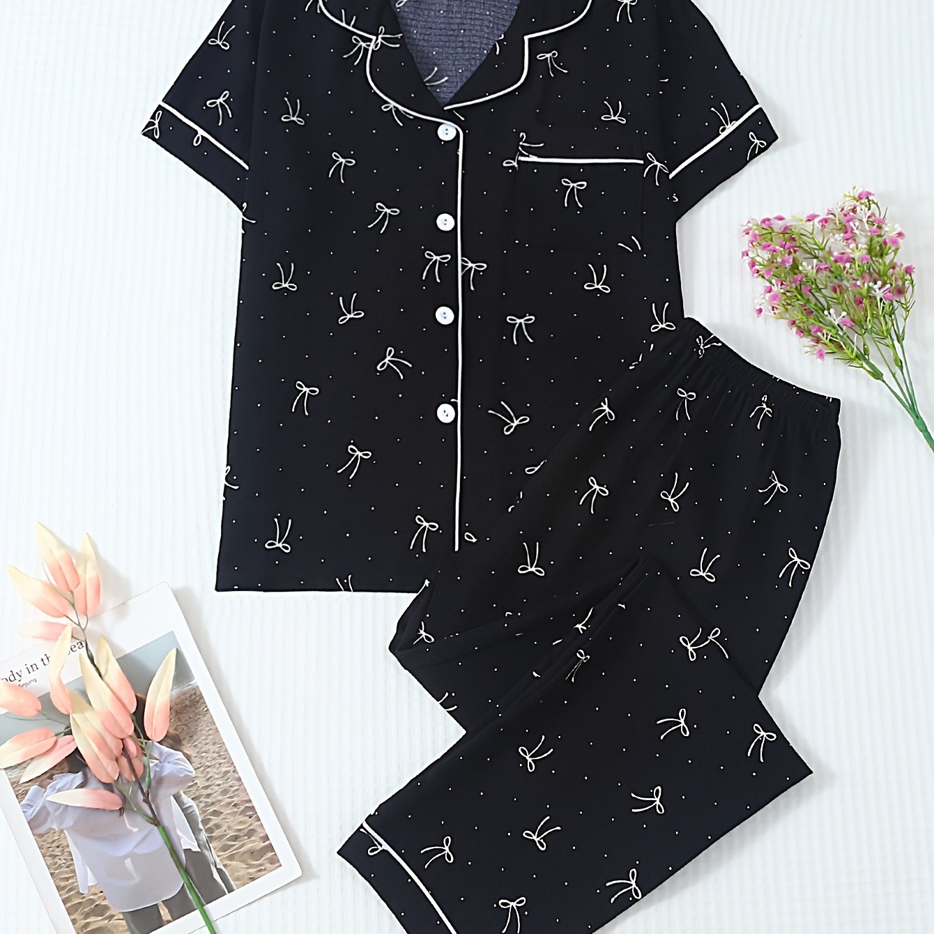 TEMU Spring/summer Women's Casual Lapel Polka Dot Bow Print Pajama Set, Comfortable Button-up Top And Long Pants With Elastic Waistband, 2pcs Set For