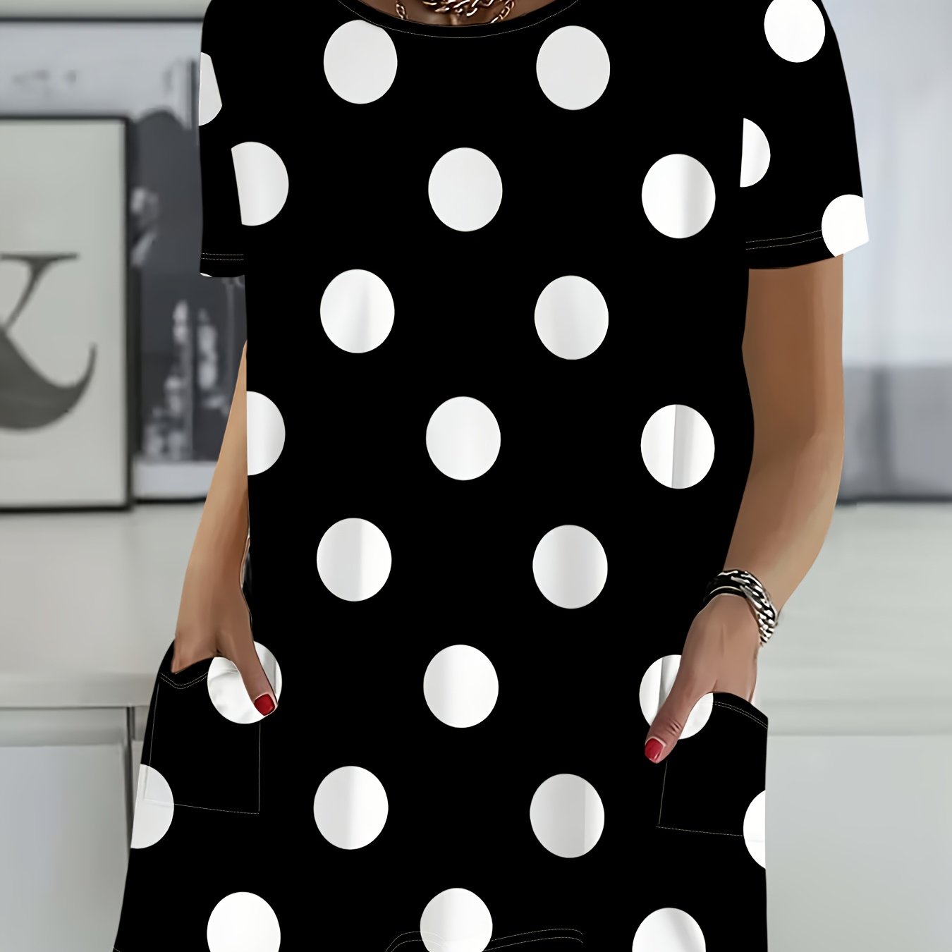 TEMU Black Polka Dot Short-sleeved T-shirt Women's Loose Round Neck Casual Top Fashionable And Versatile Trendy Summer Wear
