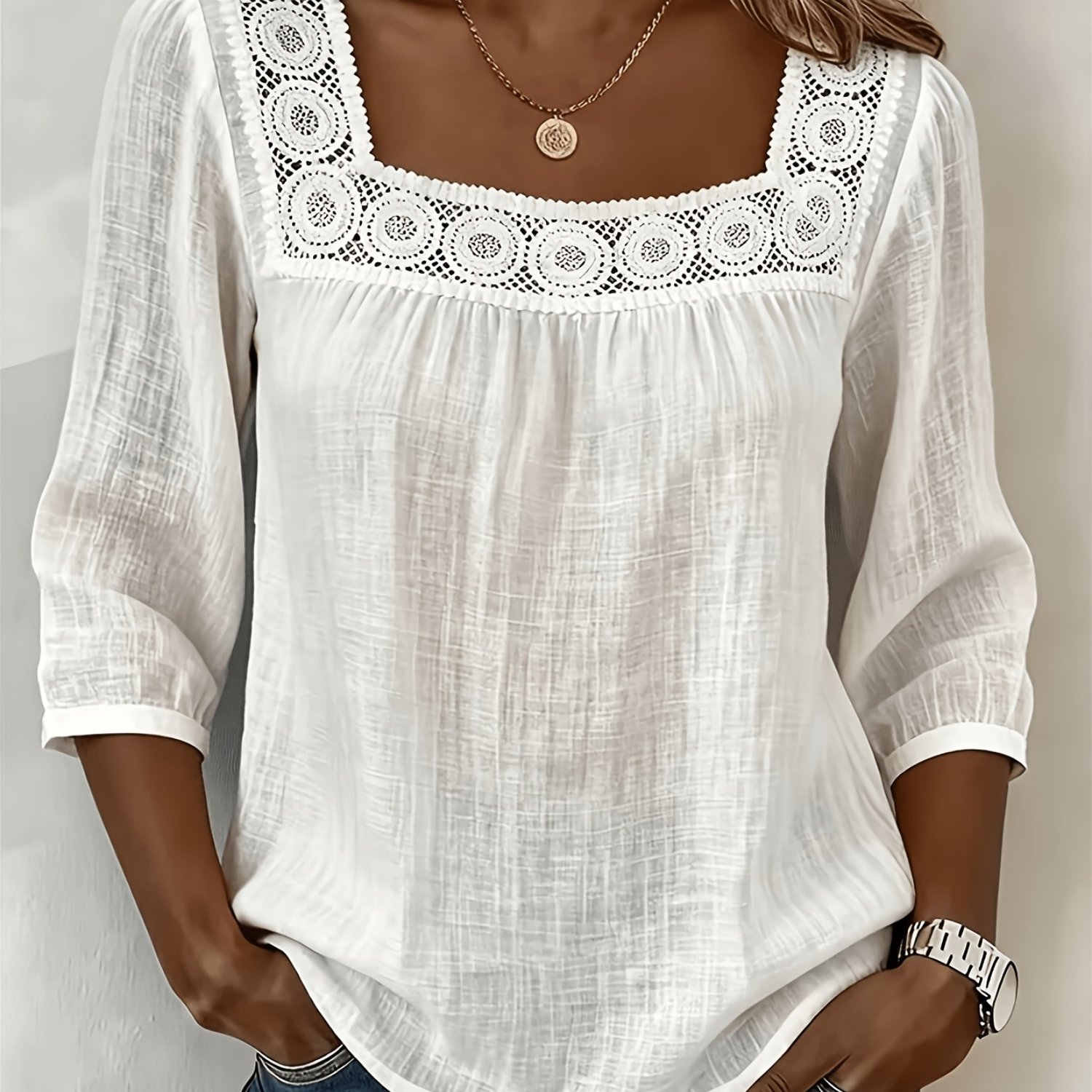 TEMU Plus Size Women's Bohemian Style Lace Square Neck Top, Summer Breathable Thin Short Sleeve White Blouse