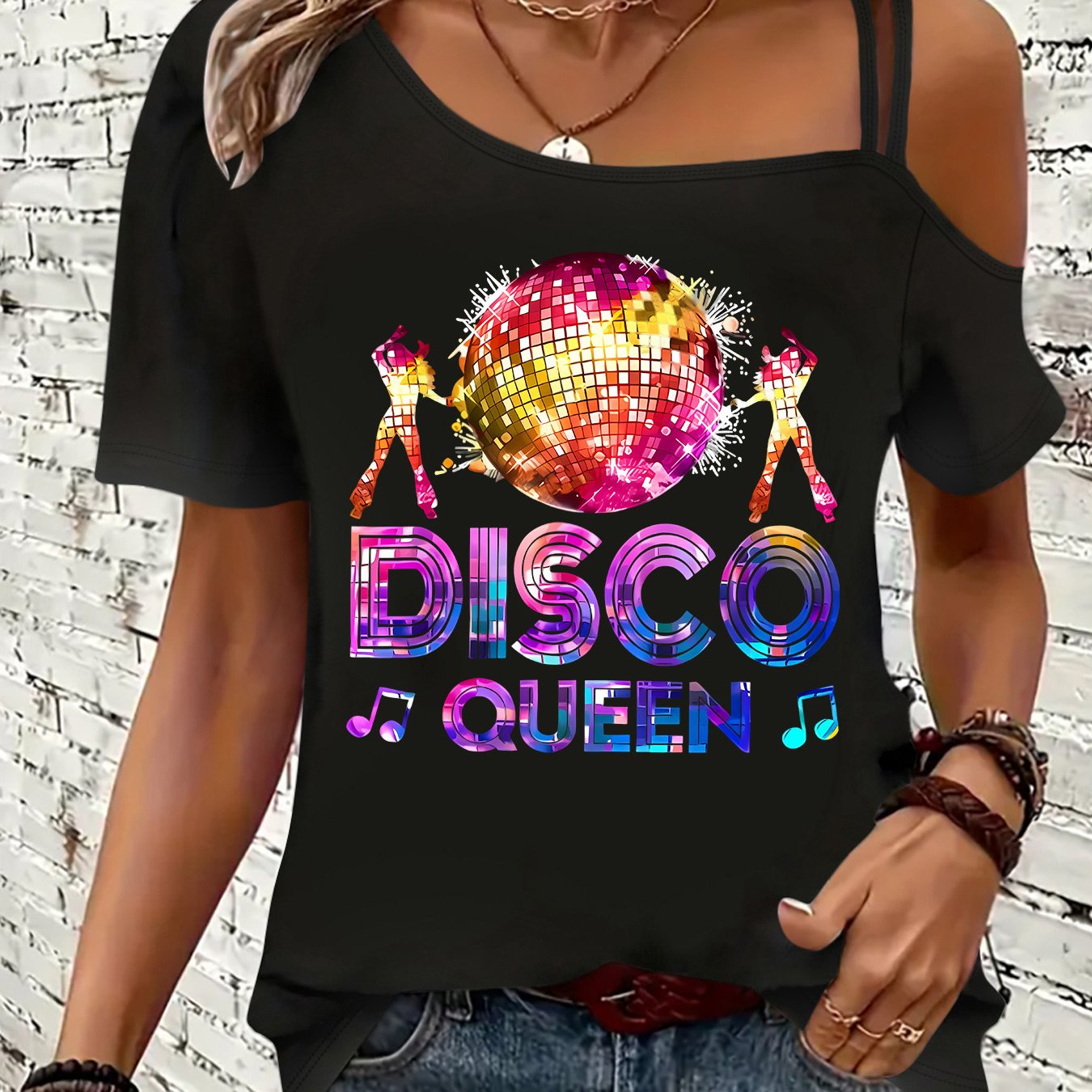 E-shop Disco Queen Bunte Glitzernde Kugel Tanzfigur Muster Locker Sportlich Elegant Party Mode Casual Niedlich Weich Dehnbar Vielseitig Kurzarm Tanktop
