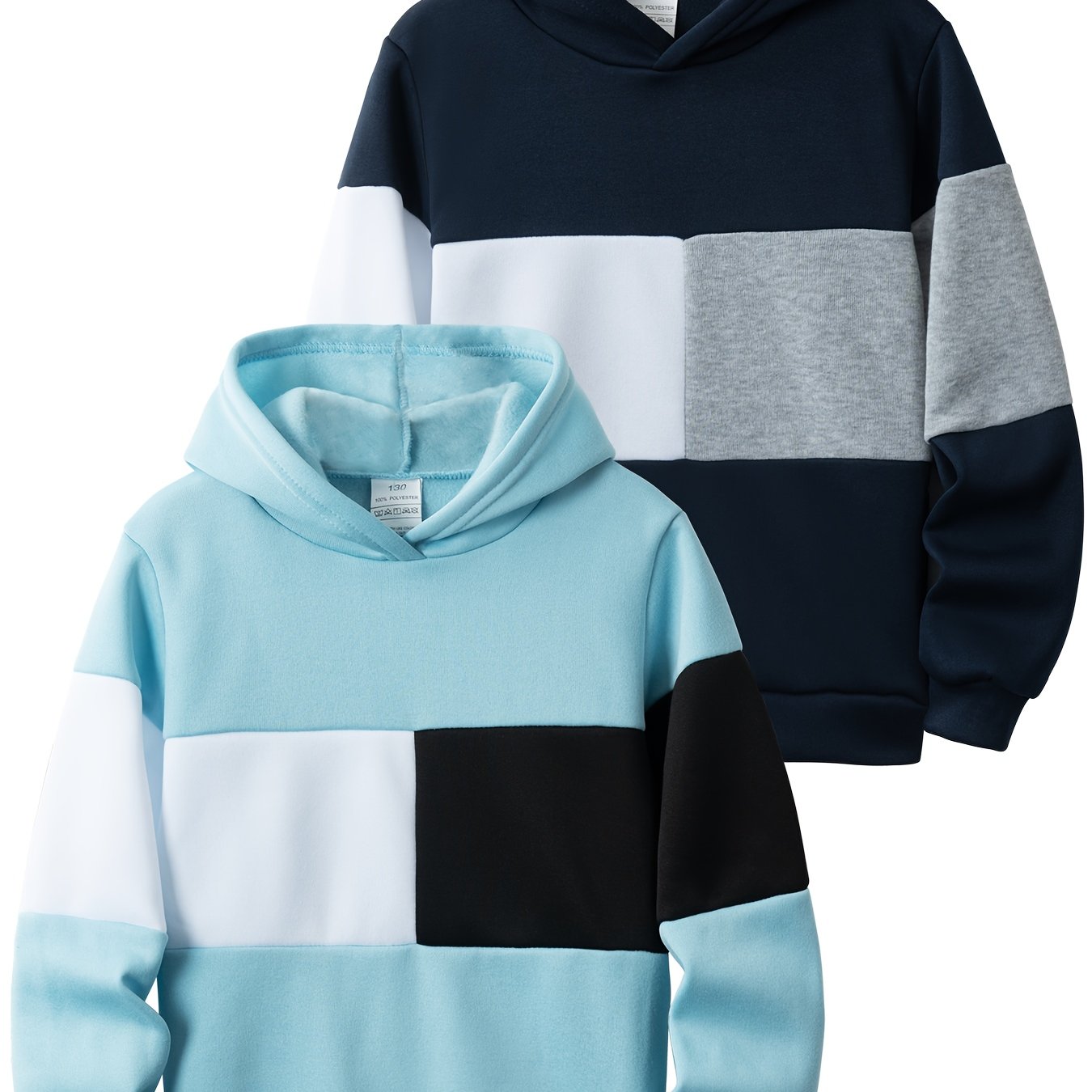 Image of 2pcs Boys' Color Block Casual Hoodie, Autumn And Winter -lined Versatile Long Sleeve Children's Trendy Pullover For Sports & Casual Attire