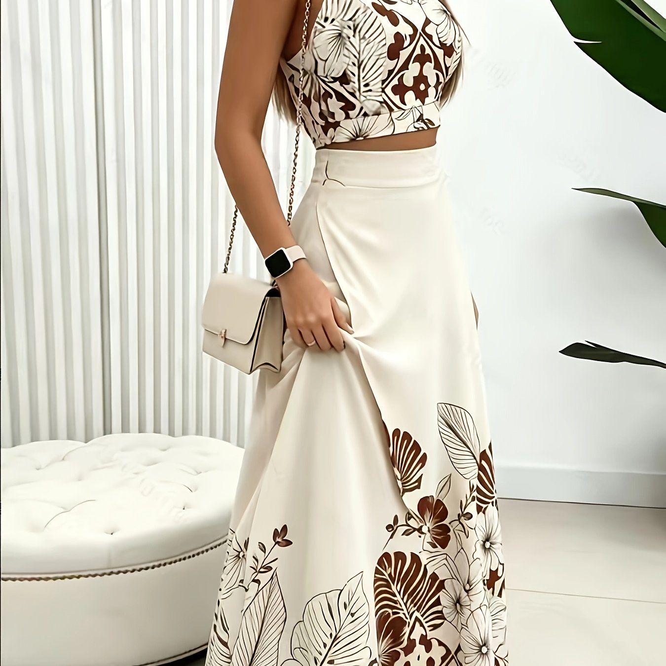 item picture european and   womens new summer watercolor tropical   skirt set with top halter neck and skirt 2pcs set for women  