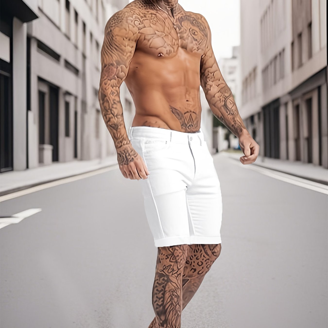 New Arrival, Men' Slim-fit Denim Shorts, Solid Color Versatile Knee-length Pants, Trendy Rolled Cuff Straight Leg Mid Shorts