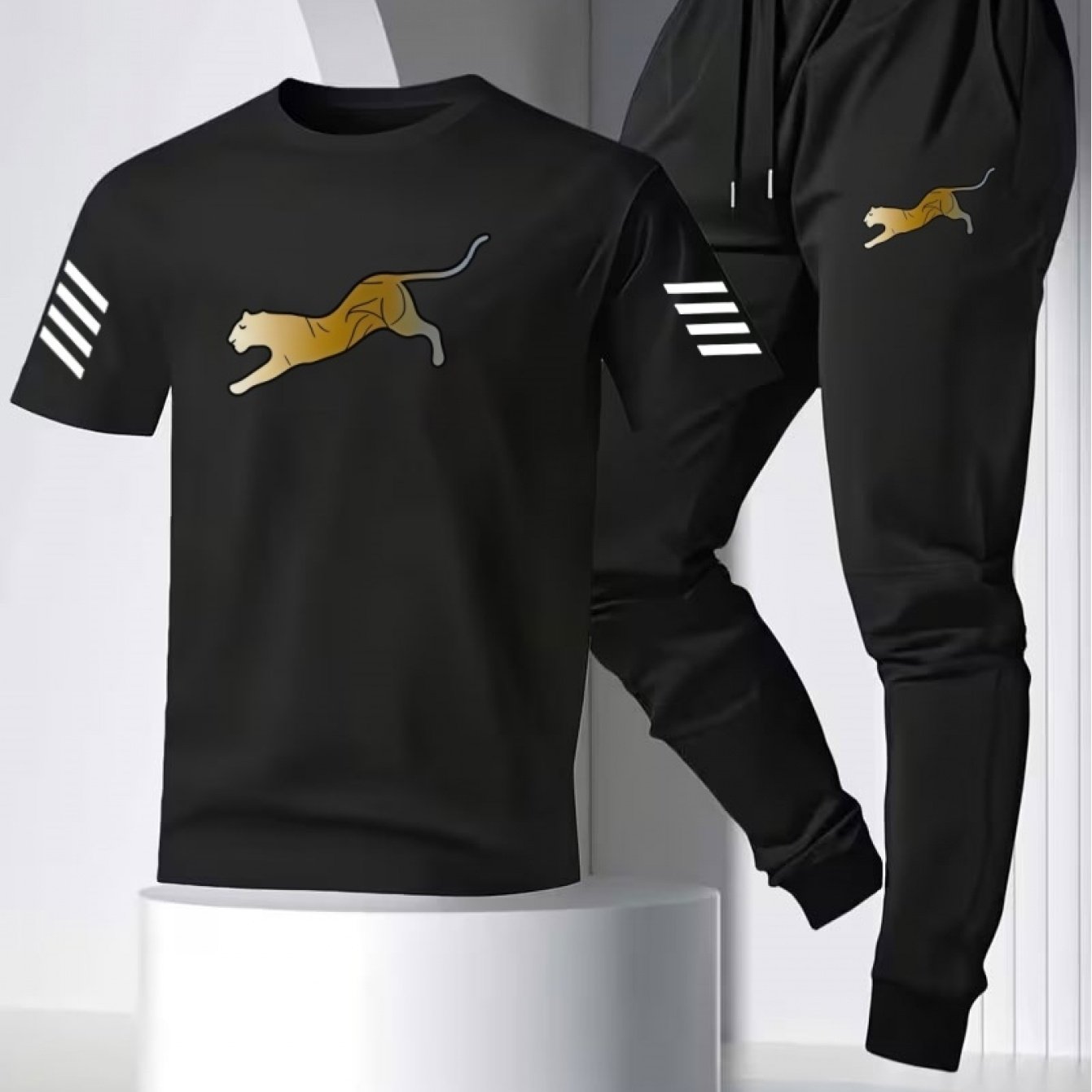 TEMU Survêtement décontracté 2 pièces pour homme, T-shirt à col ras du cou à imprimé léopard et pantalon de jogging à cordon de serrage, Tenue de