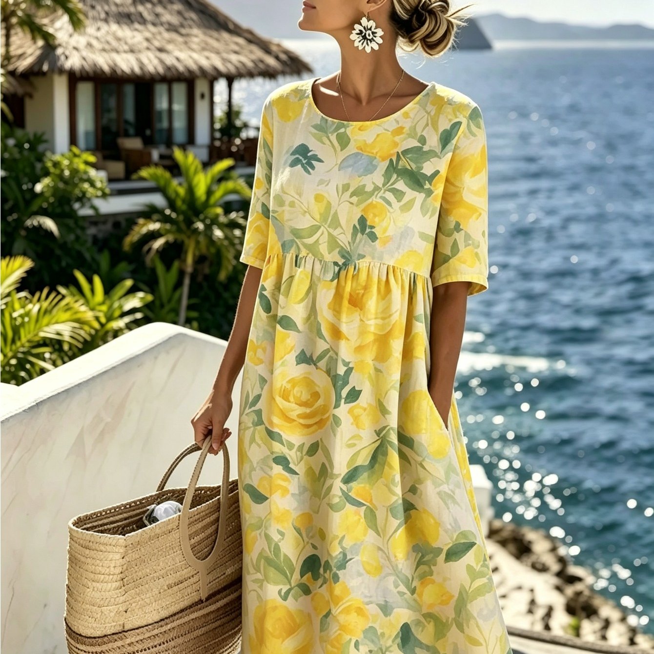 Women's Geometric Print Midi Dress - Round Neck Half Sleeve With Pockets, Casual Loose Fit Summer Dress For Vacation Beach Daily Wear