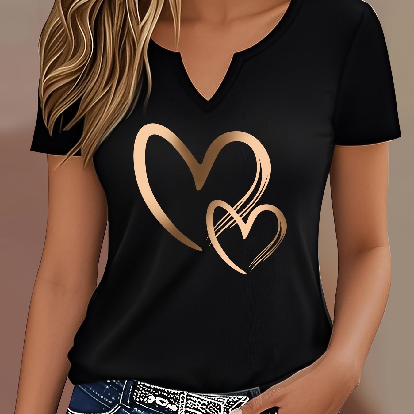 TEMU Letter Print T-shirt, Short Sleeve V Neck Casual Top For Summer And Spring, Women's Clothing