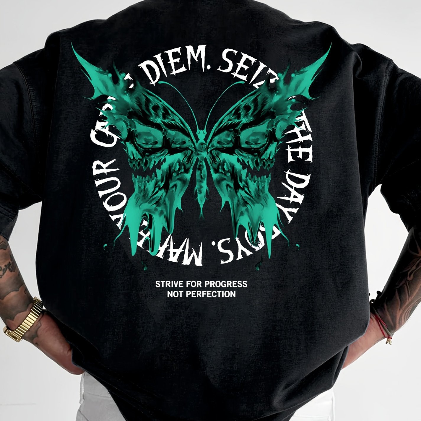 Men' Style Pattern T-shirt-white Loose Short Sleeve, Green Skull Back Print With Inspirational Slogan, Machine Washable Summer Casual Top, Daily Wear, Design, Fabric, Statement Shirt Plus Size