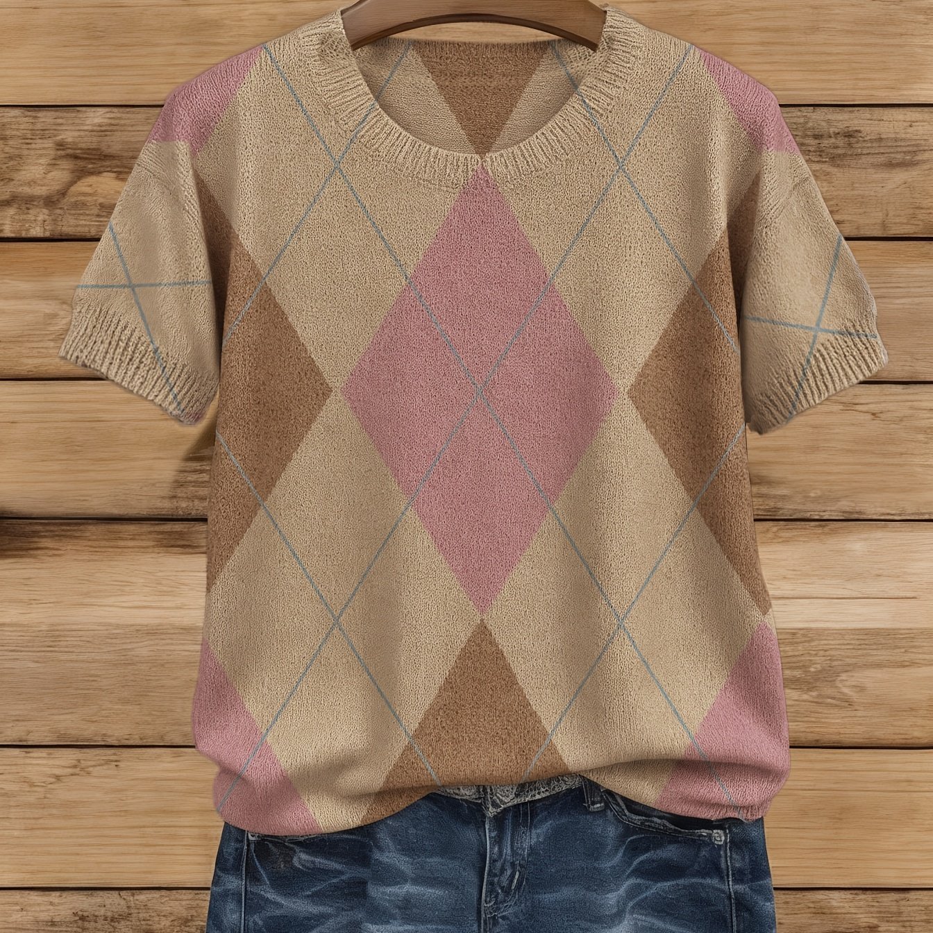 TEMU Lightweight British Vintage Sweater - Short Sleeve Round Neck Top With Full-body Coffee-pink Check Print, Fabric Suitable For Summer, Casual