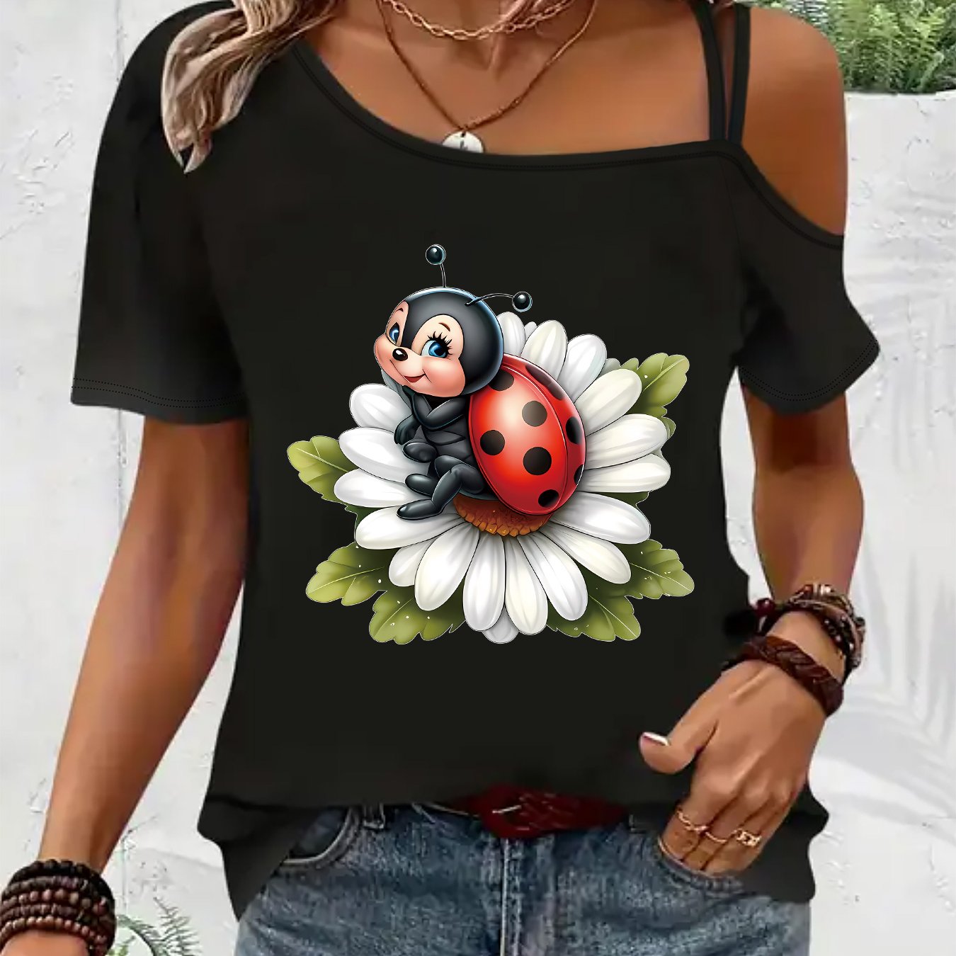 TEMU Women's Fashion Off-shoulder Short-sleeve T-shirt Featuring A Shoulder-baring Design With Ladybug And Daisy Prints, Perfect For A Casual And